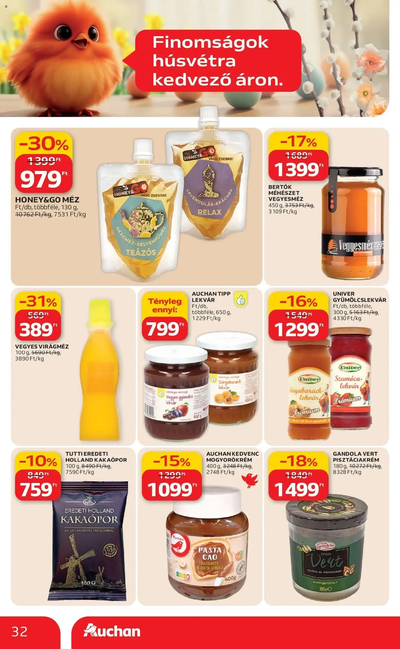 Auchan akciós ujság - amely érvényes a következő dátumtól: 12.03.2026 | Oldal: 32 | Termékek: Lekvár, Méz, Akácméz, Mogyorókrém