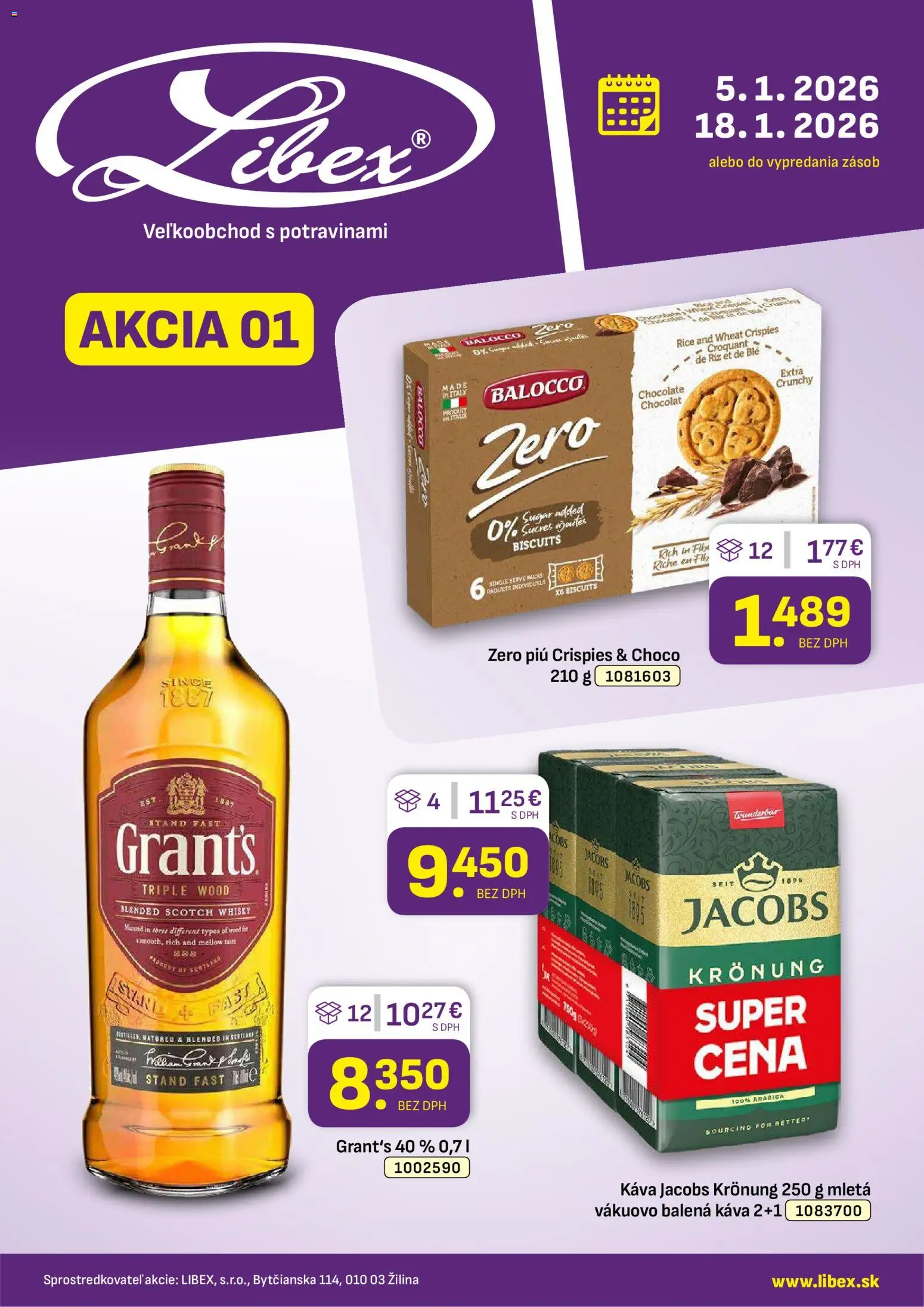 Nové Libex akcie – leták je platný od 05.01.2026 | Strana: 1 | Produkty: Káva, Jacobs Krönung, Whisky