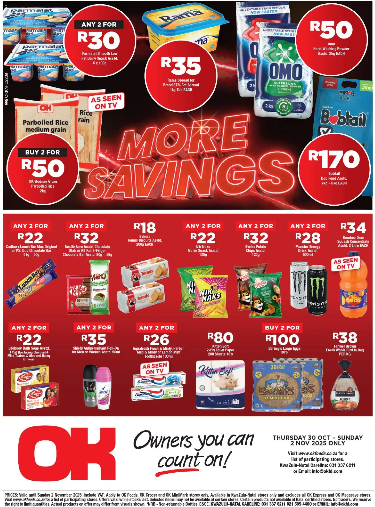 New OK Foods catalogue – valid from 30.10.2025 | Page: 2 | Products: Powder, Soap, Toothpaste, Dog food