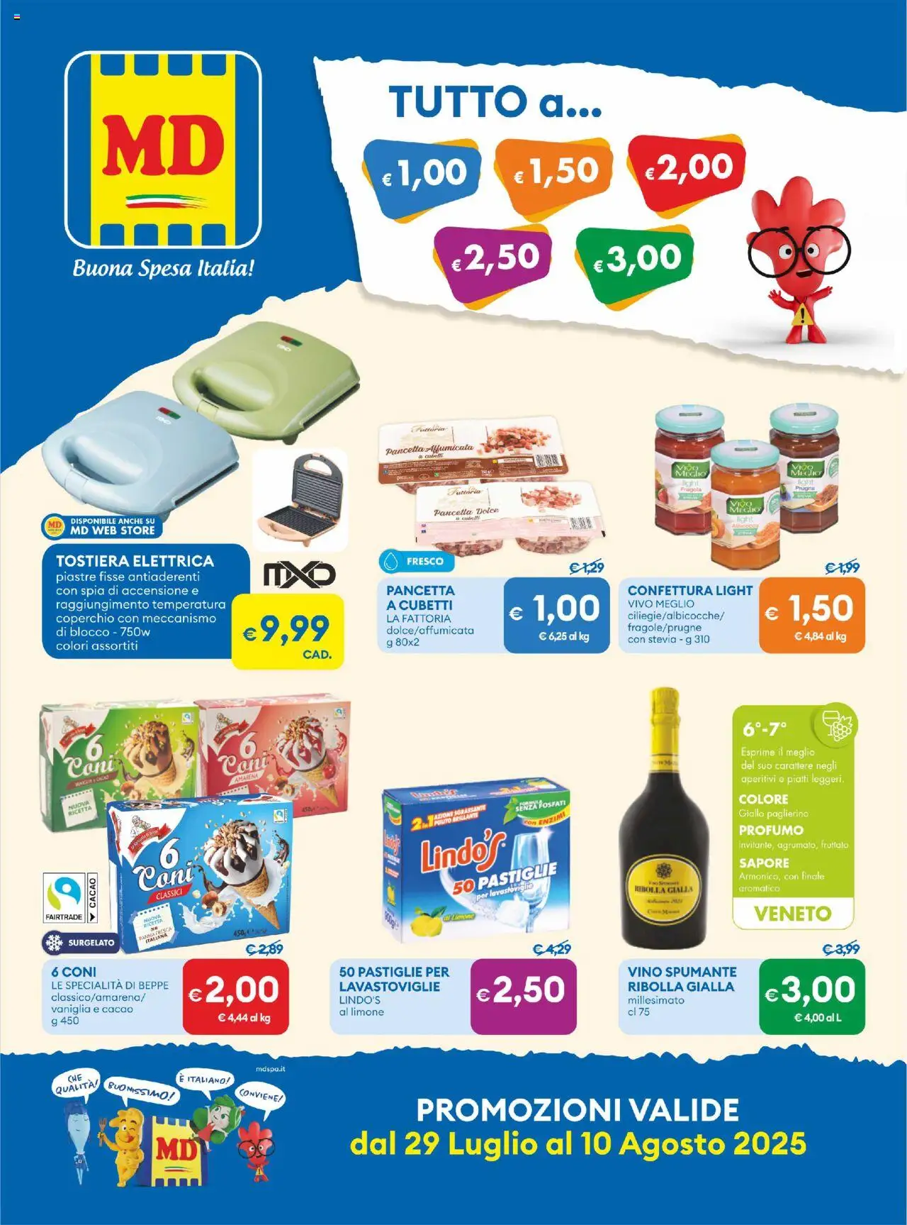 Volantino MD Discount del 29.07.2025 | Pagina: 1 | Prodotti: Pancetta, Limone, Vino, Cacao