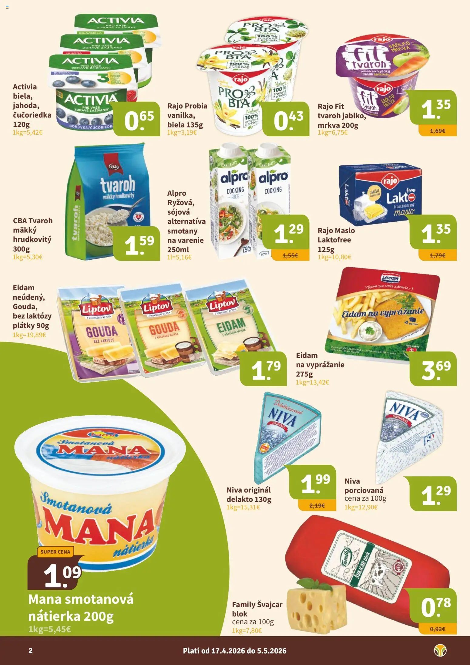 Nové Nitrazdroj akcie – leták je platný od 17.04.2026 | Strana: 2 | Produkty: Maslo, Gouda, Mrkva, Tvaroh