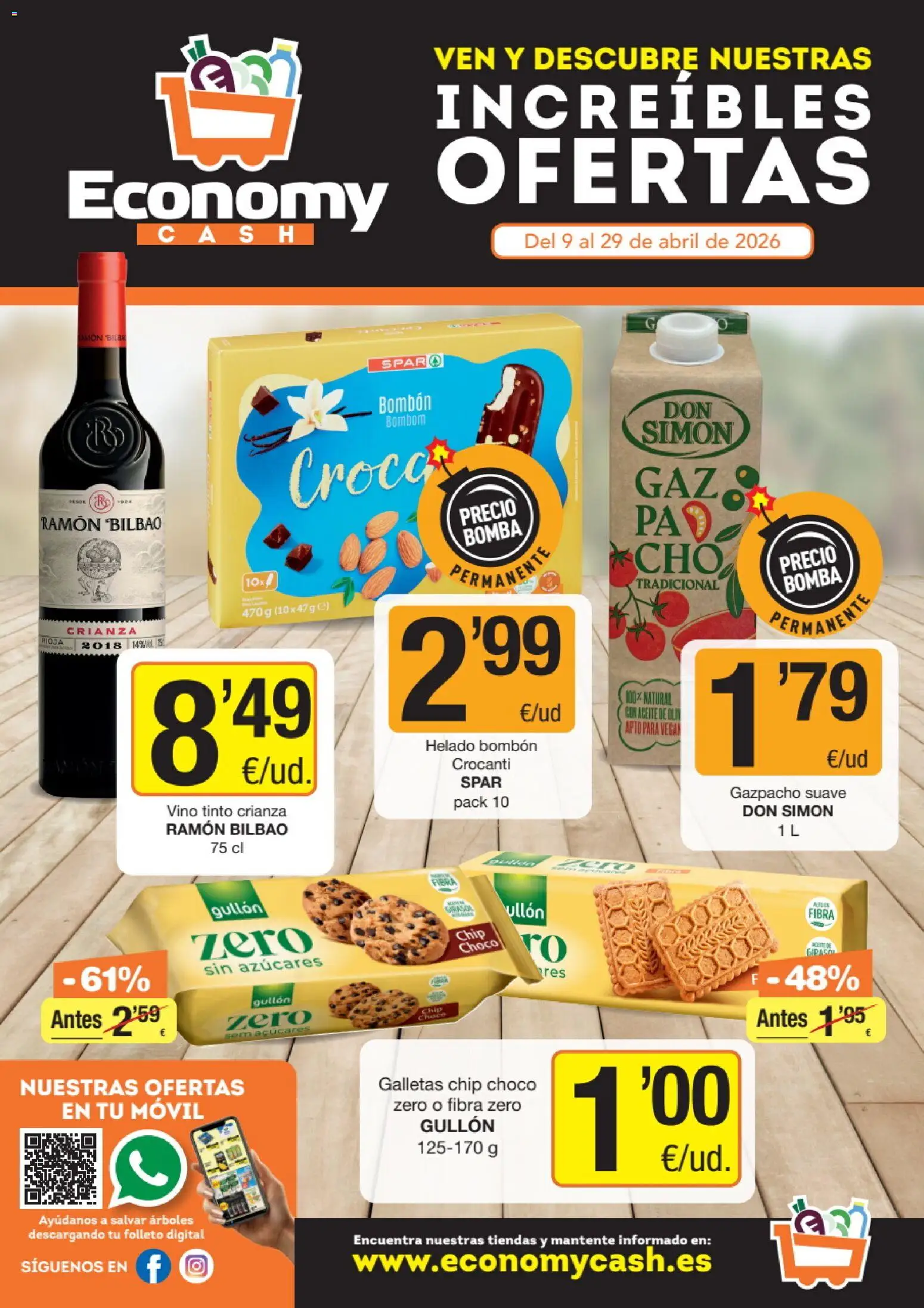 Economy Cash folleto │ válido desde el 09.04.2026 | Página: 1 | Productos: Helado bombón, Aceite, Galletas, Gazpacho