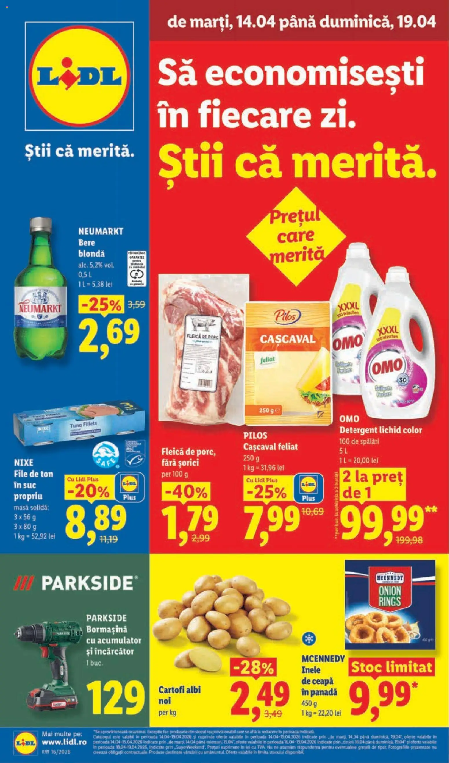 Noul catalog Lidl – valabil de la 14.04.2026 | Pagină: 1 | Produse: Încărcător, Toplar, Cașcaval, Suc