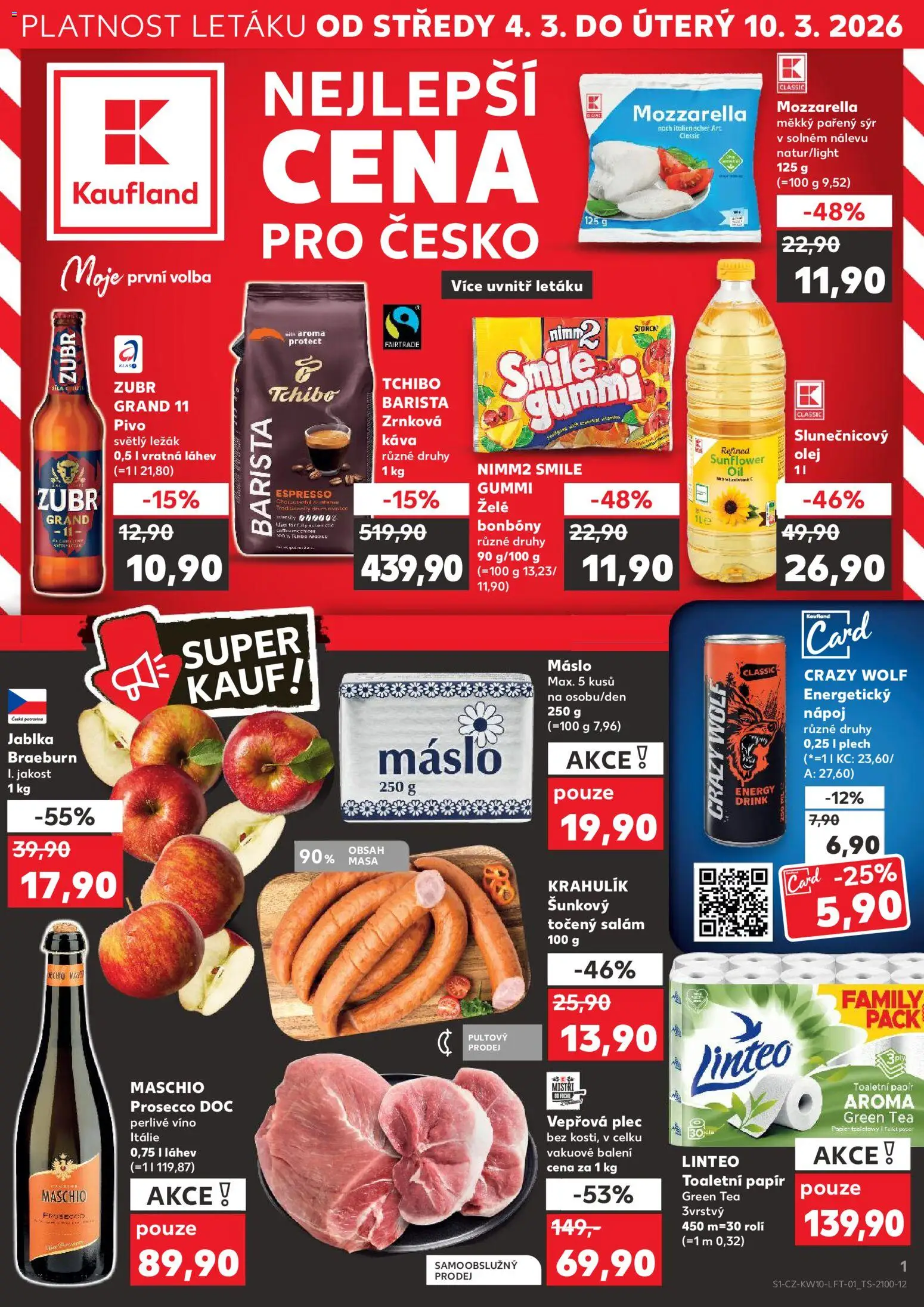 Kaufland leták - Chomutov od 04.03.2026 | Strana: 1 | Produkty: Crazy Wolf, Jablka, Vepřová plec, Mozzarella
