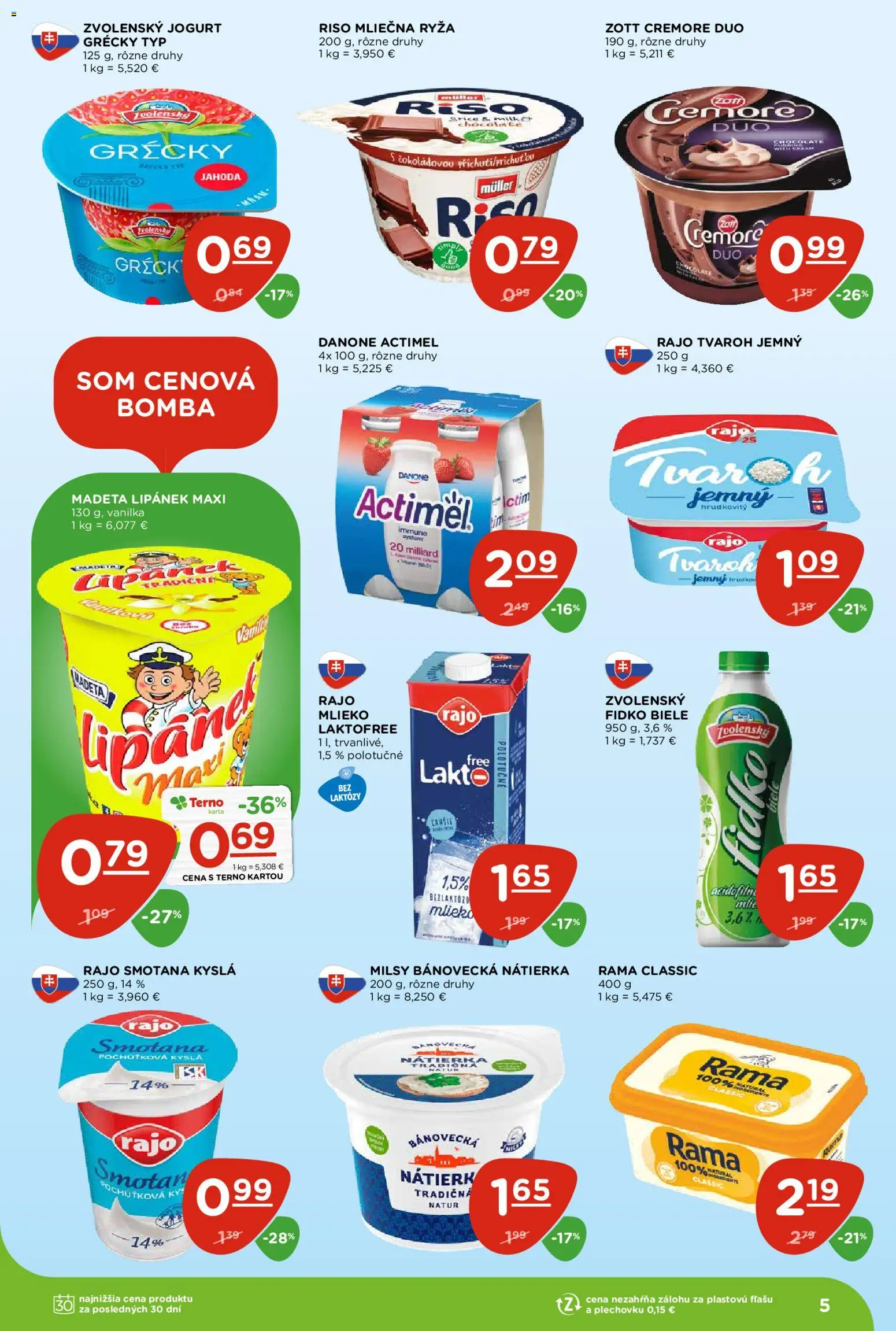 Nové Terno akcie – leták je platný od 19.02.2026 | Strana: 5 | Produkty: Mlieko, Ryža, Tvaroh, Actimel