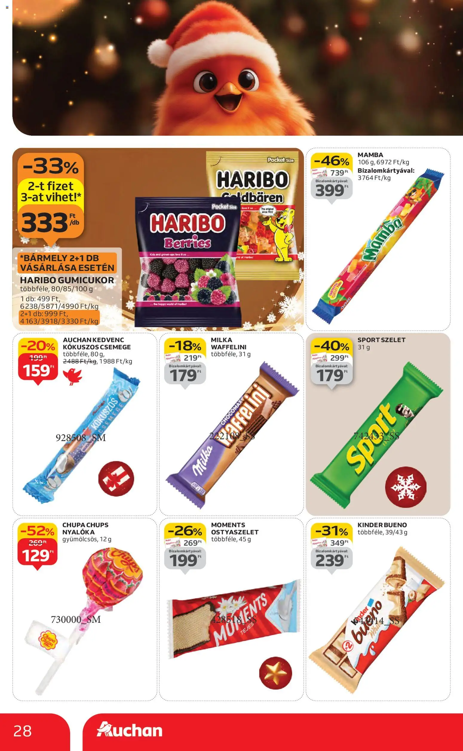 Auchan akciós ujság - amely érvényes a következő dátumtól: 27.11.2025 | Oldal: 28 | Termékek: Waffelini, Gumicukor, Nyalóka, Ostyaszelet