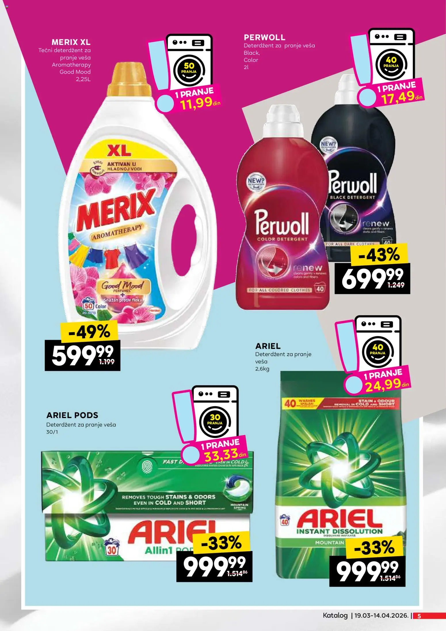 Idea katalog Neprehrane katalog - važi od 19.03.2026 | Strana: 5 | Proizvode: Deterdžent, Tečni deterdžent, Ariel, Perwoll