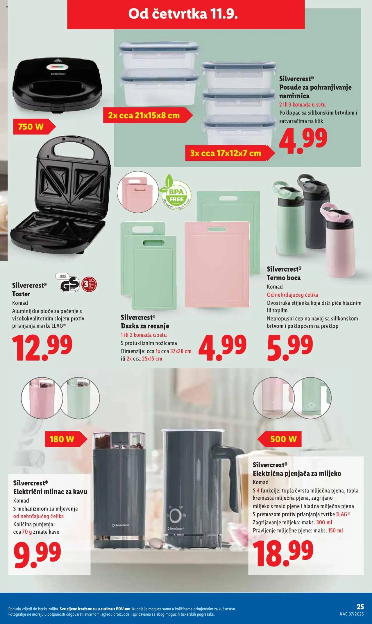 Lidl katalog | vrijedi od 11.09.2025 | Stranica: 25 | Proizvodi: Toster, Mlijeko, Mlinac za kavu, Daska za rezanje