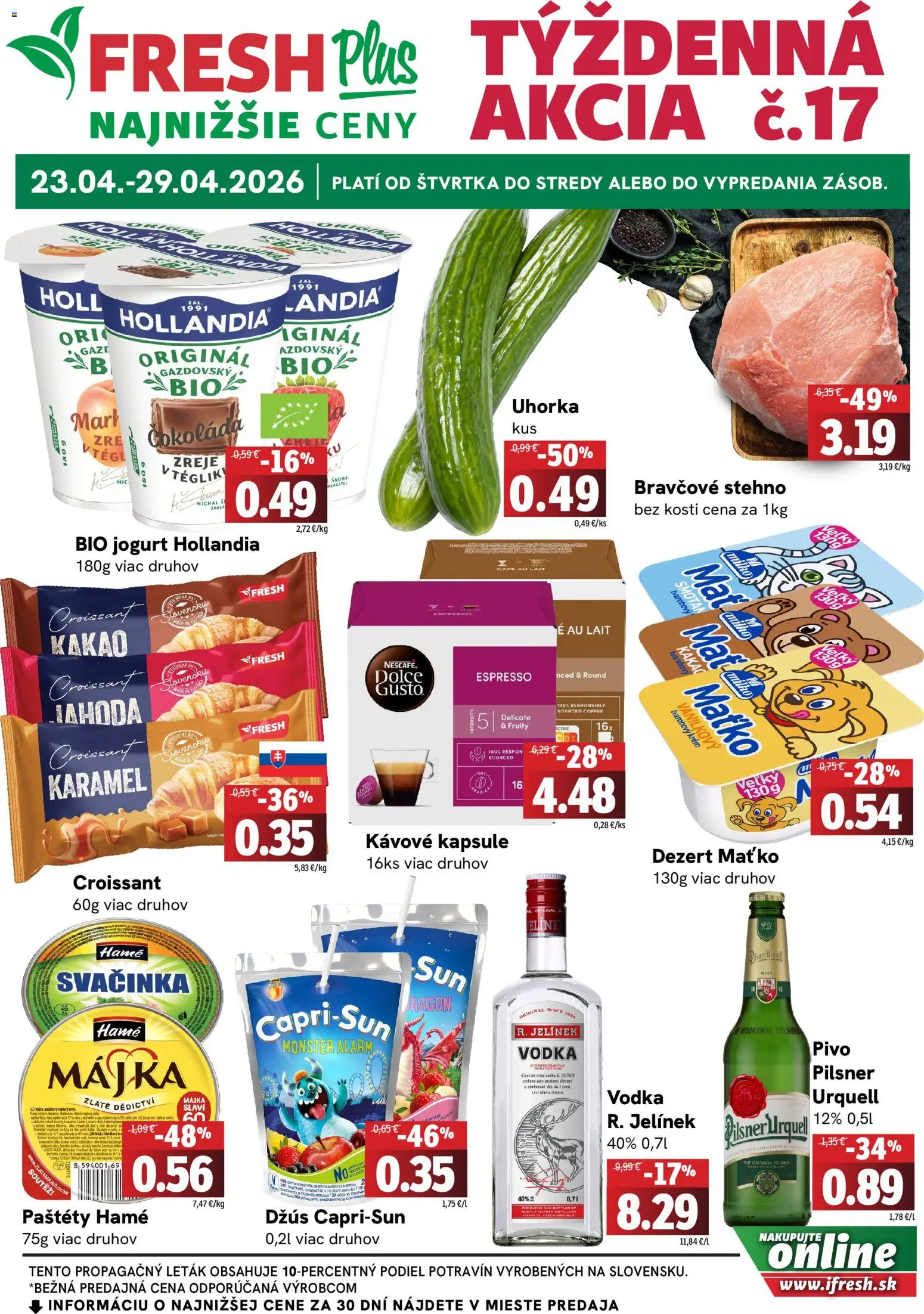 Nové Fresh akcie – leták je platný od 23.04.2026 | Strana: 1 | Produkty: Dolce Gusto, Pivo, Led, Bravčové stehno