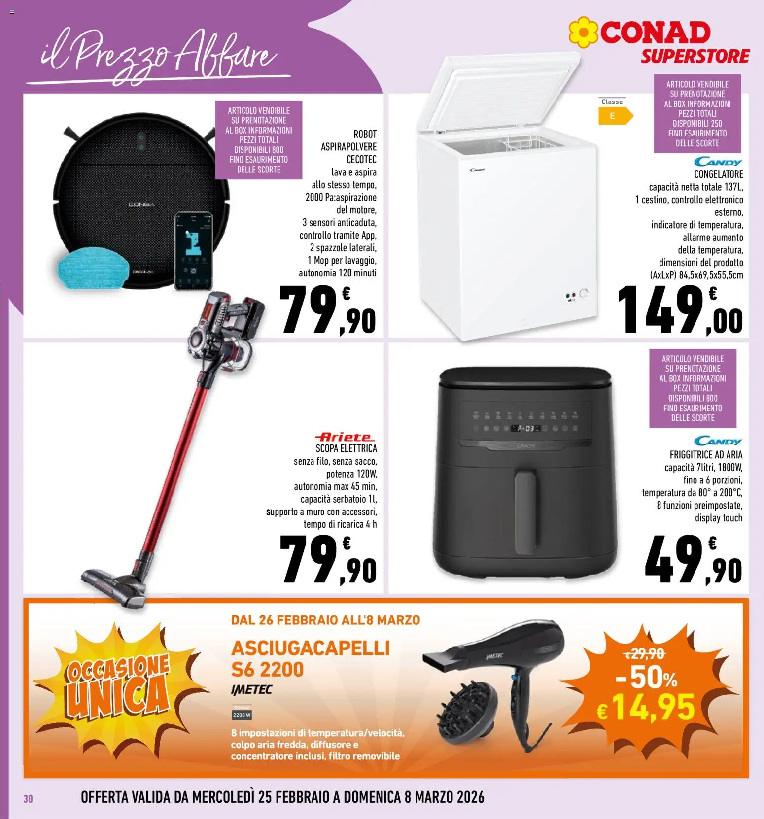 Volantino Conad del 25.02.2026 | Pagina: 30 | Prodotti: Robot aspirapolvere, Freezer, Aspirapolvere, Asciugacapelli
