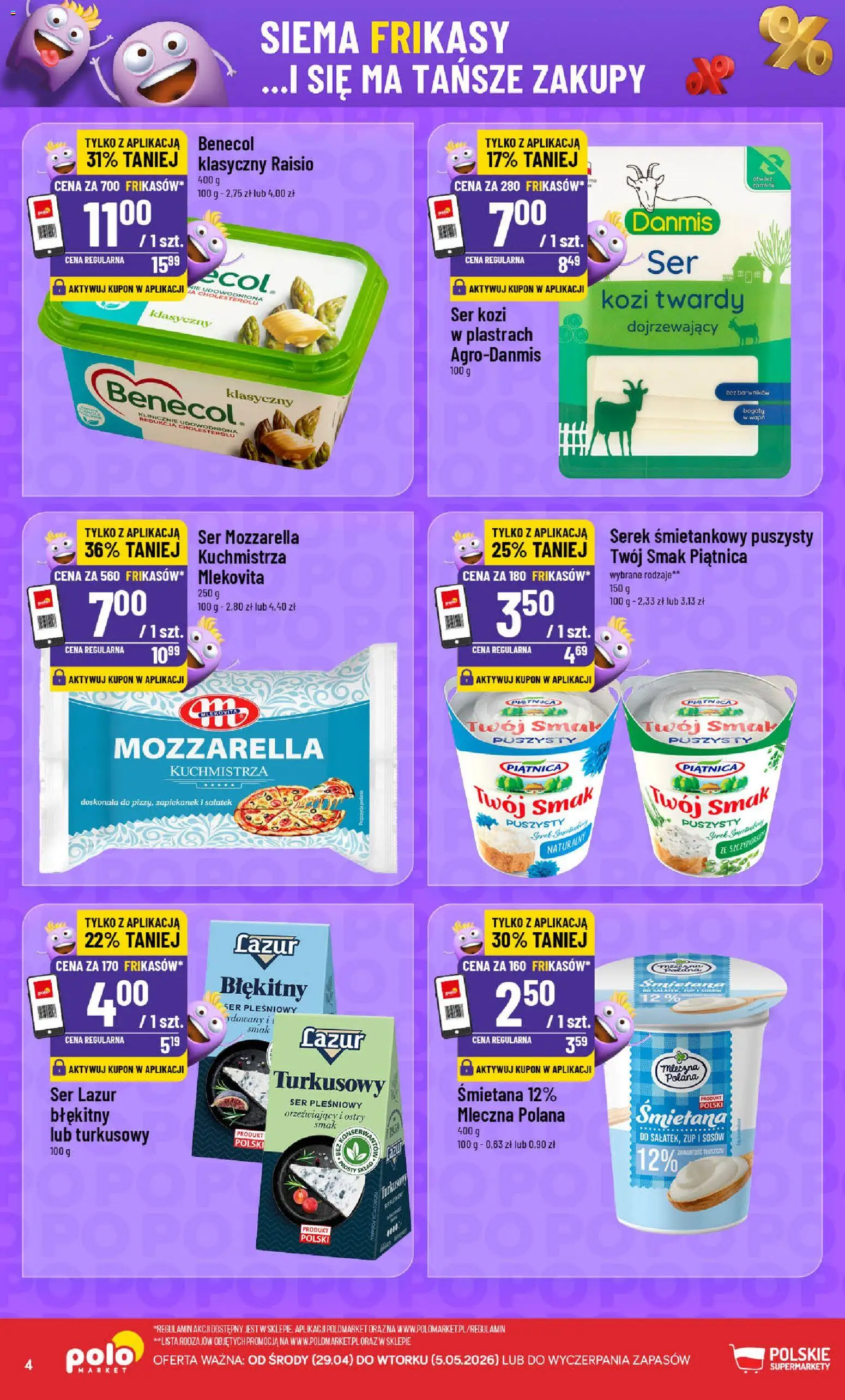 POLOmarket gazetka - Frikasowe Hity od 29.04.2026 | Strona: 4 | Produkty: Ser Lazur, Serek, Ser, Mozzarella