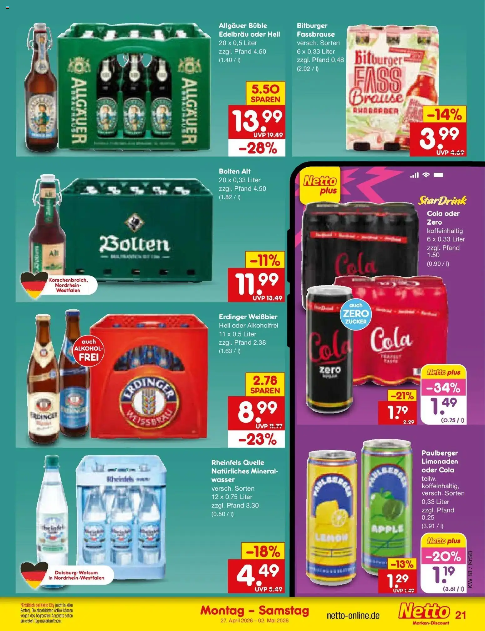 Netto Marken-Discount Prospekt Jüchen	 – gültig ab 27.04.2026 | Seite: 25 | Produkte: Cola, Apple, Wasser, Rhabarber