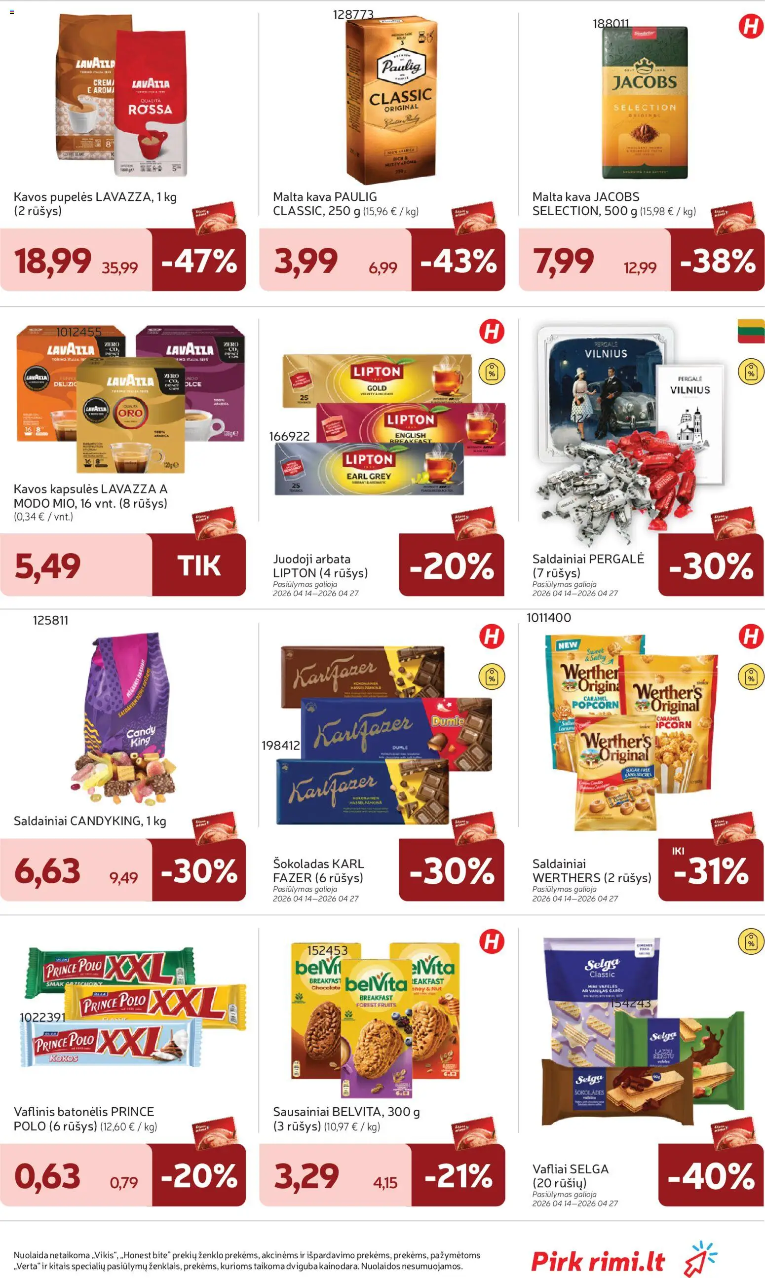 Rimi akcijos nuo 14.04.2026 | Puslapis: 25 | Prekių: Sausainiai, Kavos pupelės, Šokoladas, Saldainiai