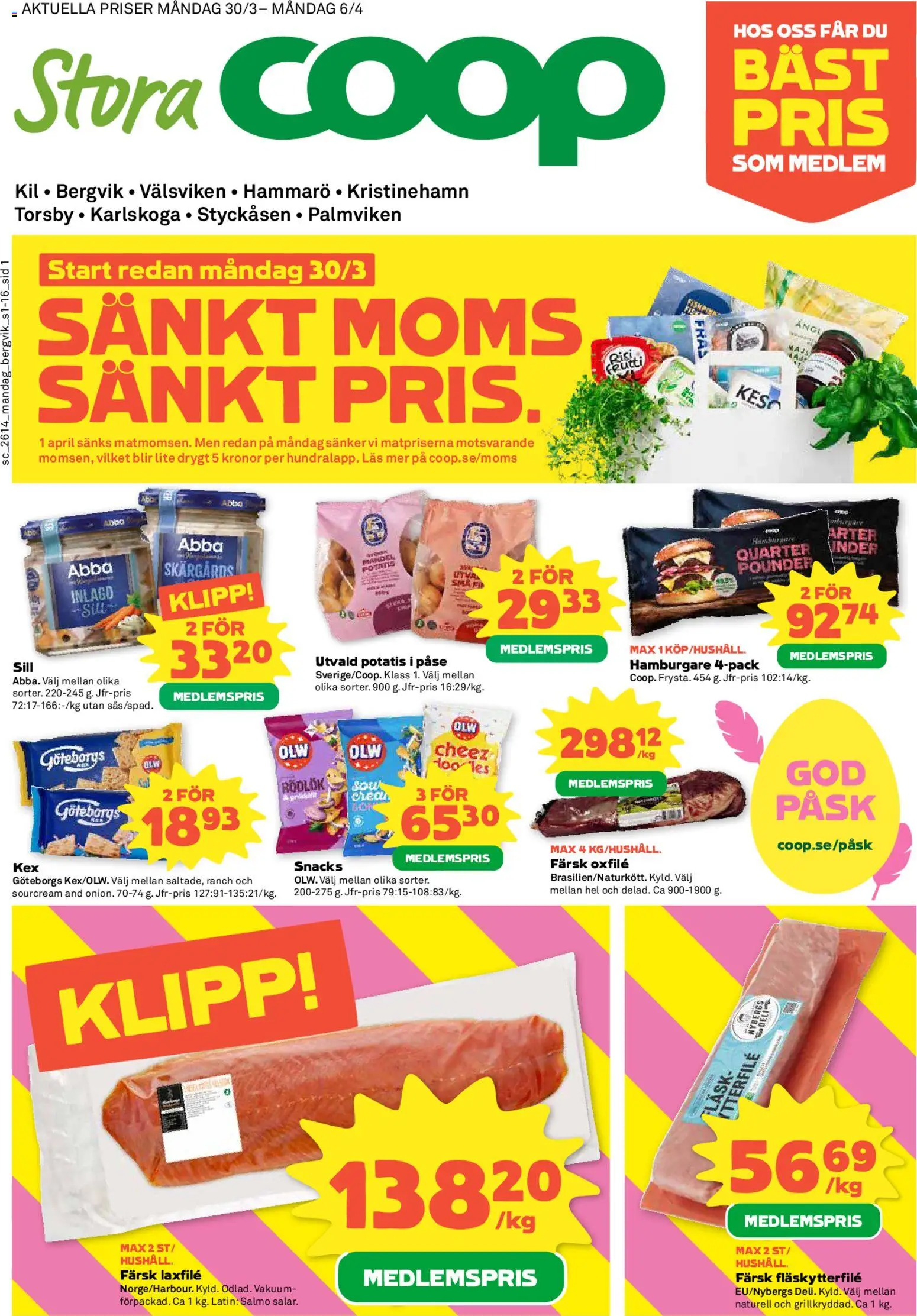 Stora Coop reklamblad aktuell från 30.03.2026 | Sida: 1 | Produkter: Sill, Rödlök, Oxfilé, Potatis