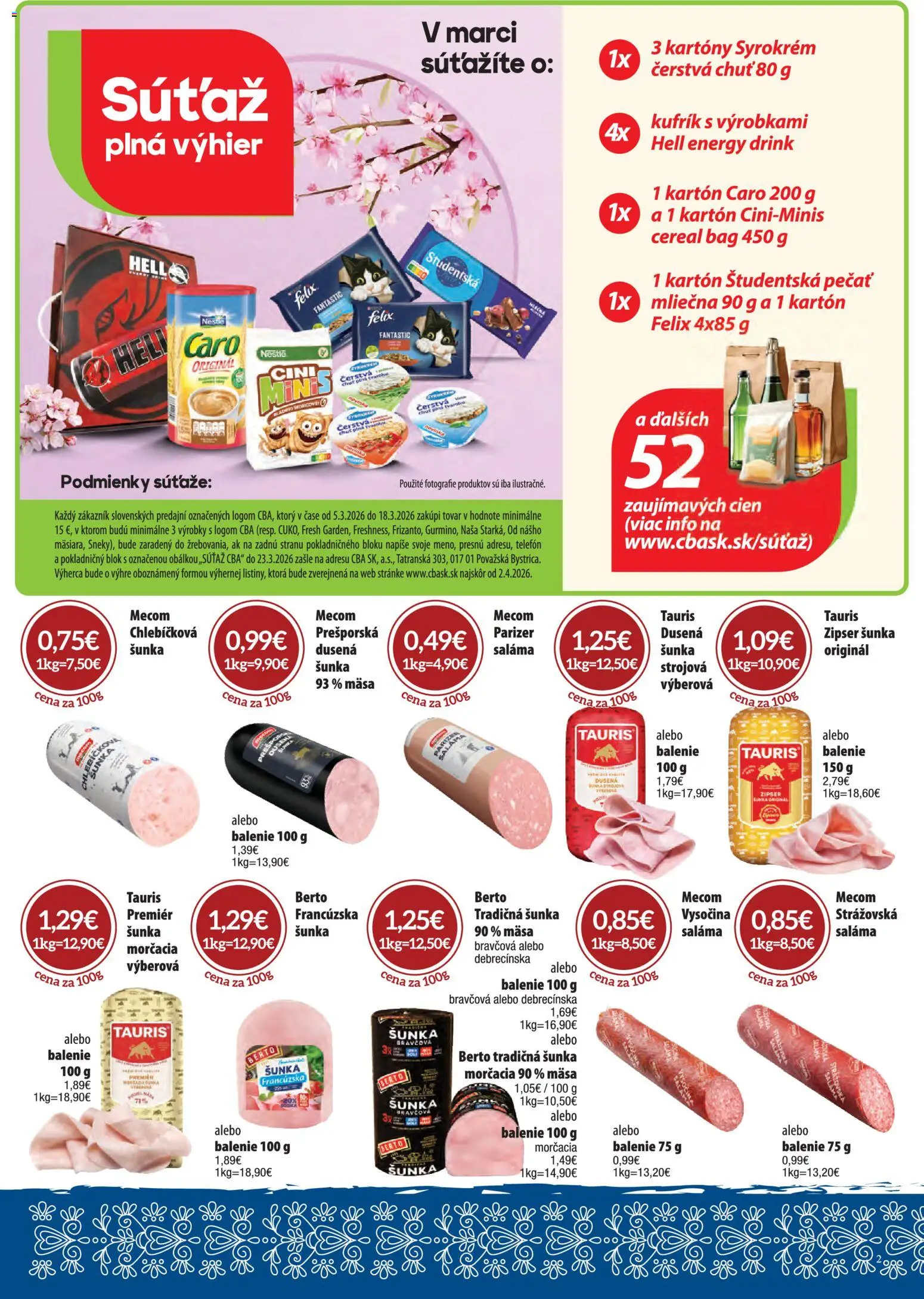 Nové CBA Komfos akcie – leták je platný od 05.03.2026 | Strana: 2 | Produkty: Telefón, Saláma, Caro, Študentská pečať