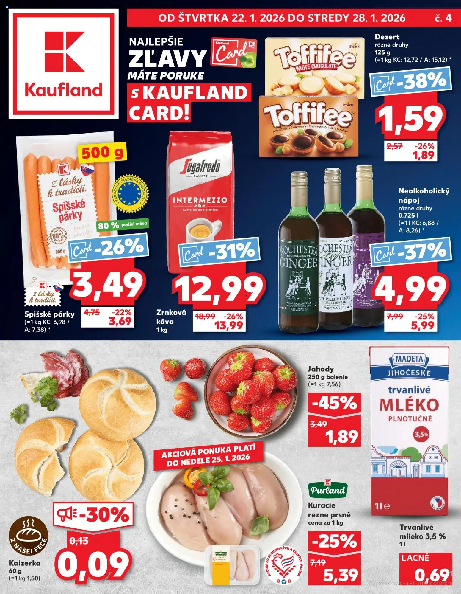 Nové Kaufland akcie – leták je platný od 22.01.2026 | Strana: 1 | Produkty: Mlieko, Káva, Toffifee, Trvanlivé mlieko