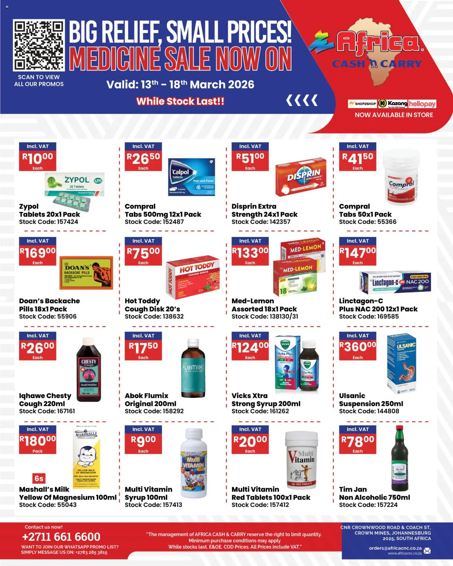 New Africa Cash & Carry catalogue – valid from 13.04.2026 | Page: 1 | Products: Cough syrup, Milk, Stock, Syrup