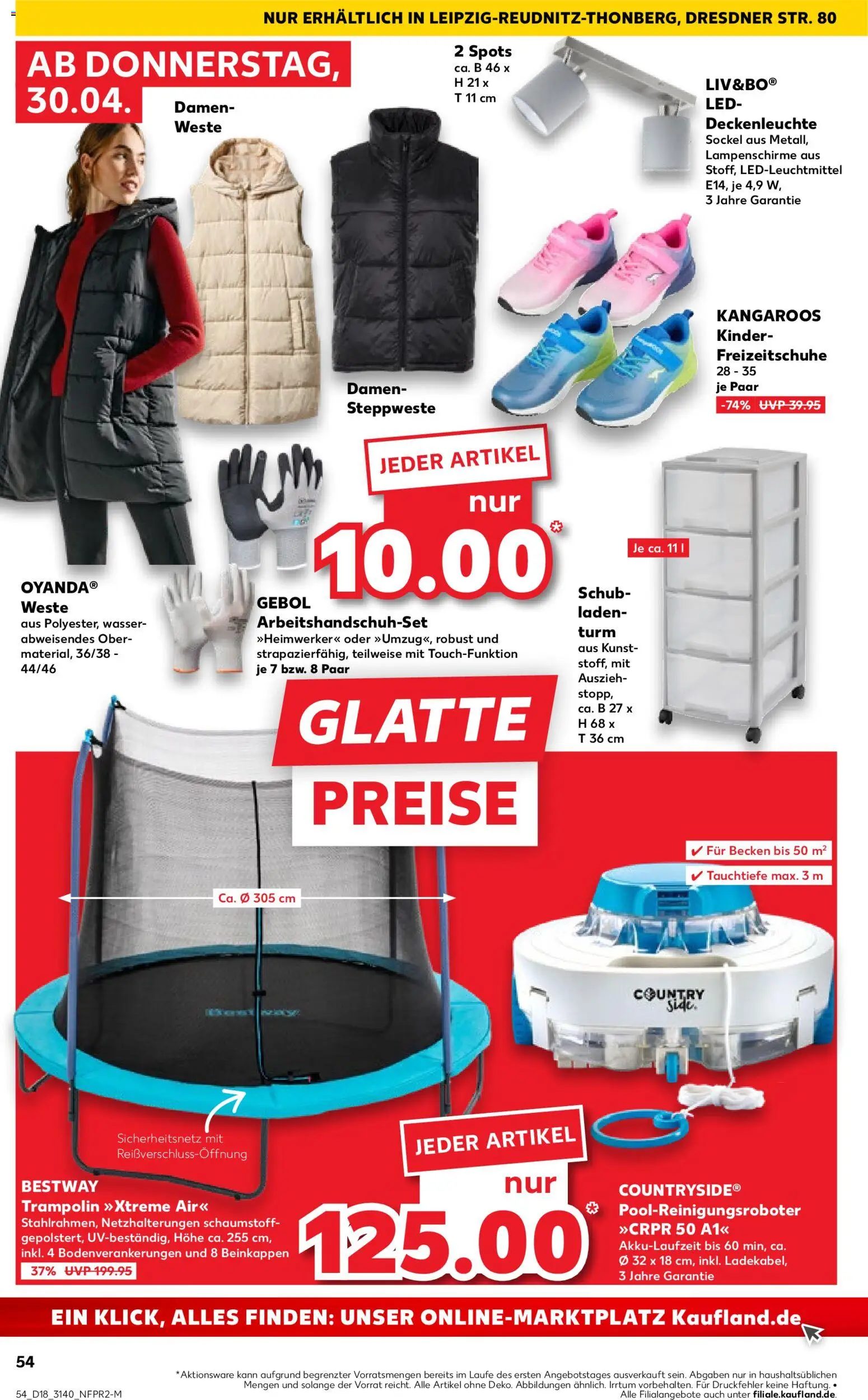 Kaufland Prospekt Leipzig	 – gültig ab 30.04.2026 | Seite: 54 | Produkte: Steppweste, Trampoline, Wasser, Weste