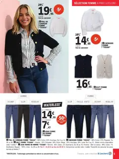 E.Leclerc - Prévisualisation de JEAN FEMME OU HOMME "TISSAIA", Femme: 98% Coton, 2% Elasthanne. Du 36 au 46. Homme: Slim et skinny: 99% Coton, 1% Elasthanne, Regular: 100% Coton. Du 40 au 48. valide à partir de 10.02.2026 | Page: 5