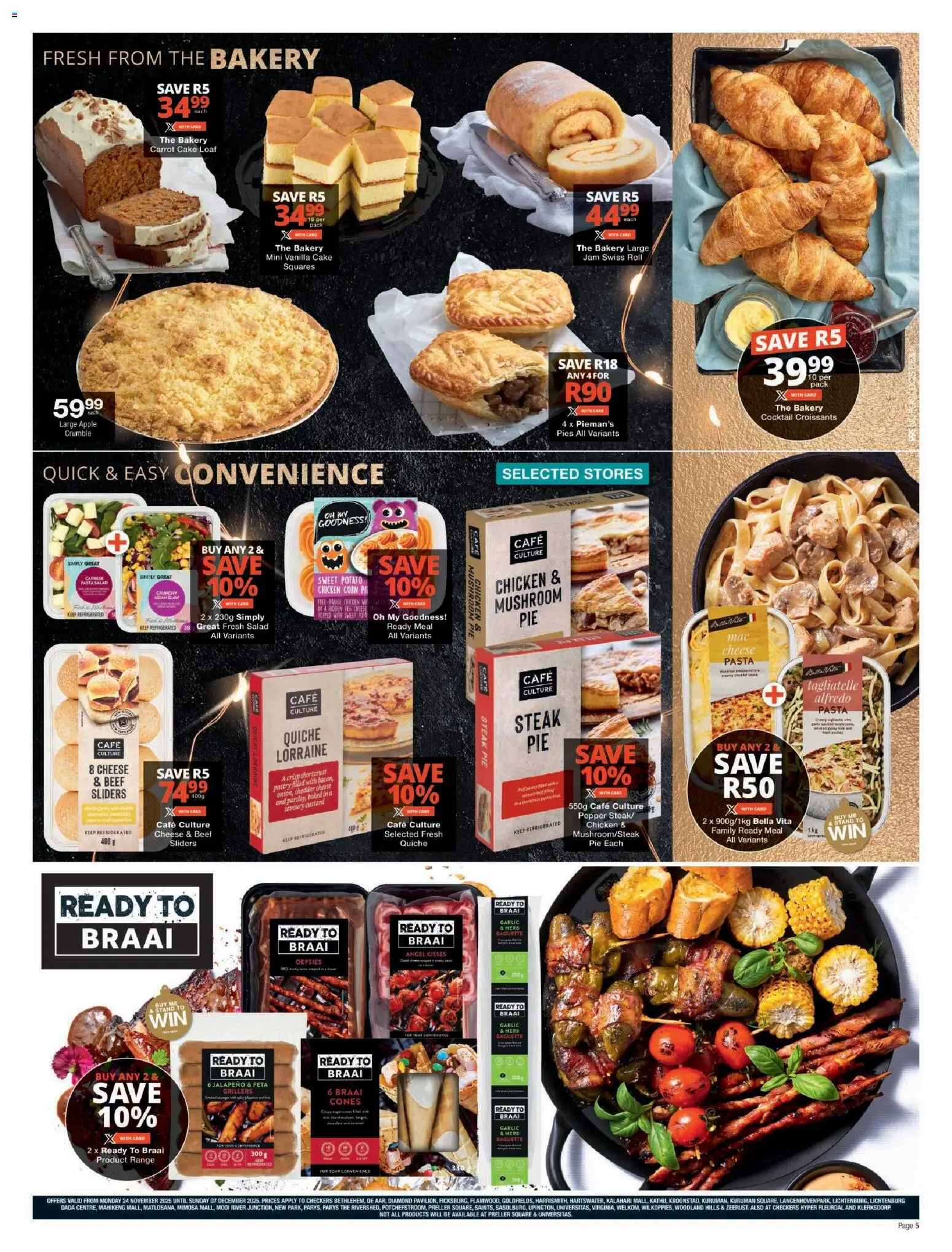 New Checkers catalogue – valid from 24.11.2025 | Page: 5 | Products: Cake, Custard, Steak, Cheese