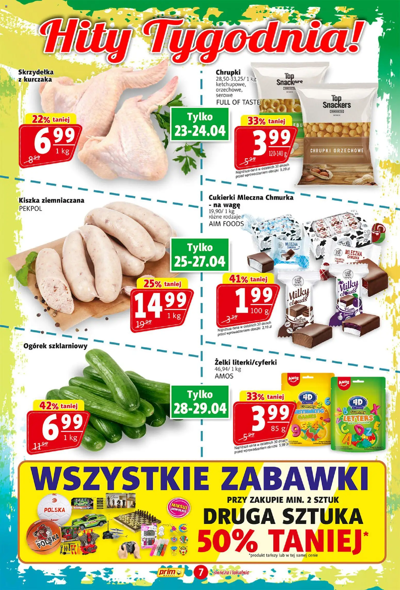 Prim Market gazetka od 23.04.2026 | Strona: 7 | Produkty: Kiszka ziemniaczana, Chrupki, Żelki, Cukierki