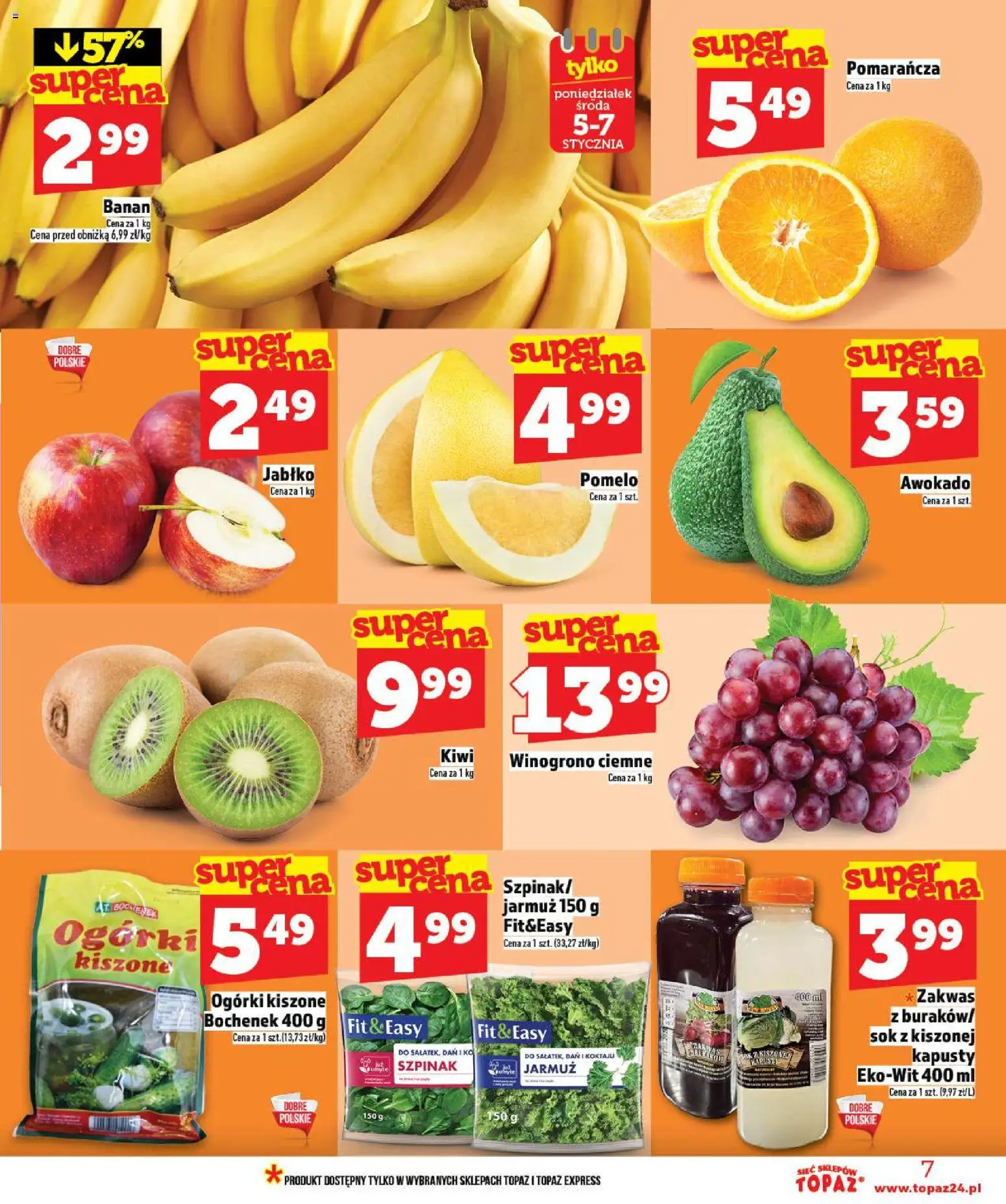 Topaz Gazetka od 02.01.2026 | Strona: 7 | Produkty: Winogrono, Szpinak, Jarmuż, Ogórki