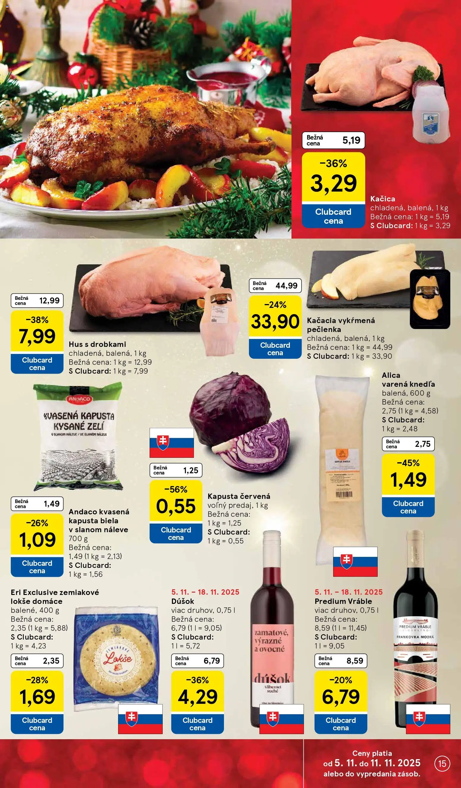 Nové Tesco akcie – leták je platný od 05.11.2025 | Strana: 15 | Produkty: Kapusta, Kapusta biela, Kapusta červená, Hus