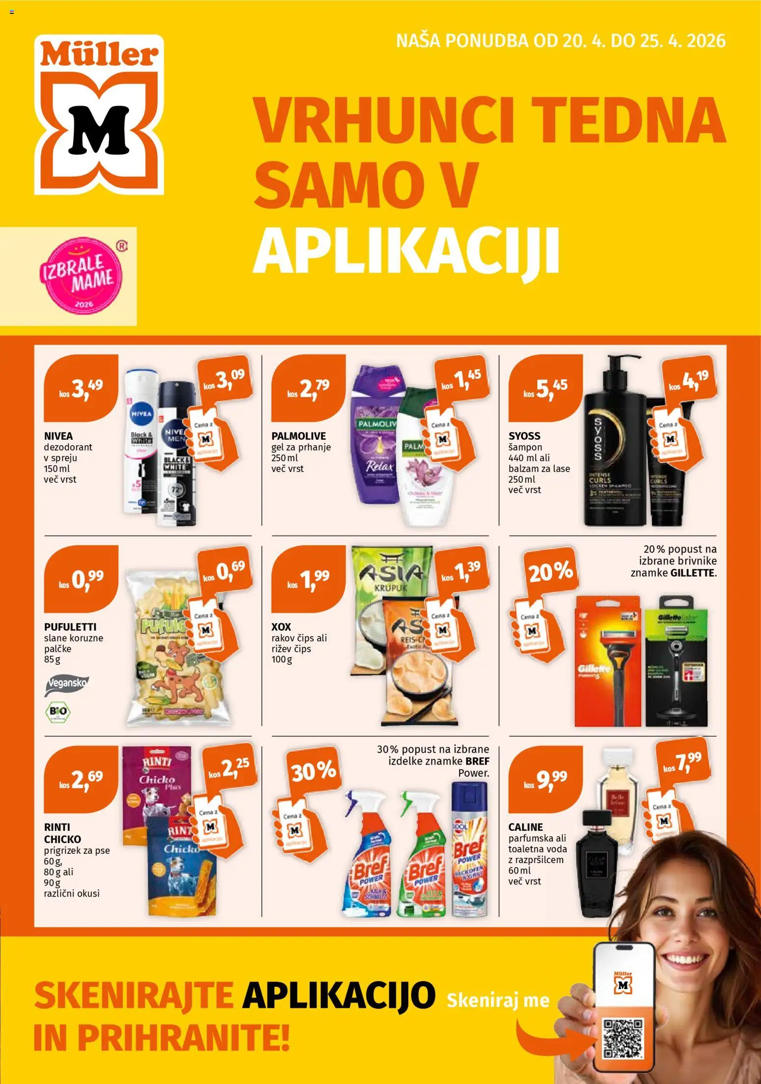 Novi Müller katalog ponudbe – veljaven od 20.04.2026 | Stran: 1 | Izdelki: Gel za prhanje, Kos, Cips, Toaletna voda