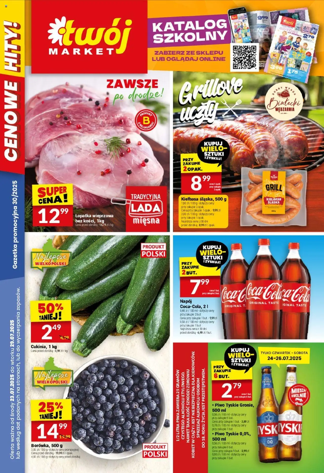 Twój Market Gazetka od 23.07.2025 | Strona: 1 | Produkty: Kiełbasa, Tyskie, Łopatka wieprzowa, Piwo
