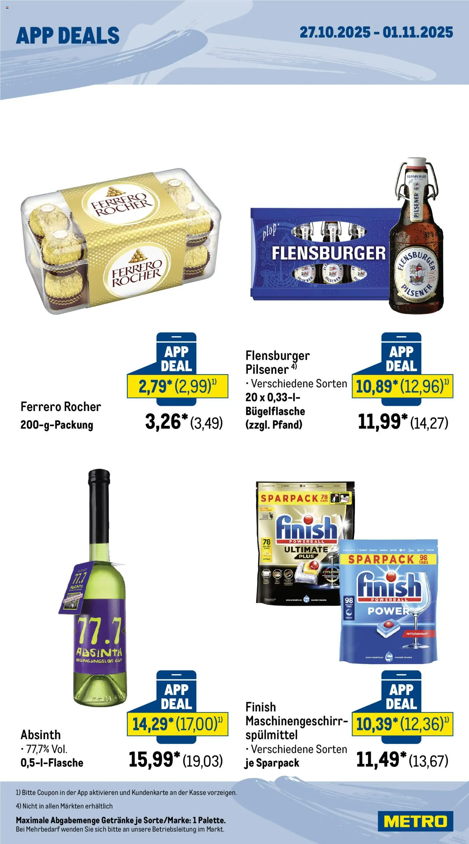 Metro App Deals – gültig ab 27.10.2025 | Seite: 2 | Produkte: Ferrero rocher, Finish, Flensburger, Wasser