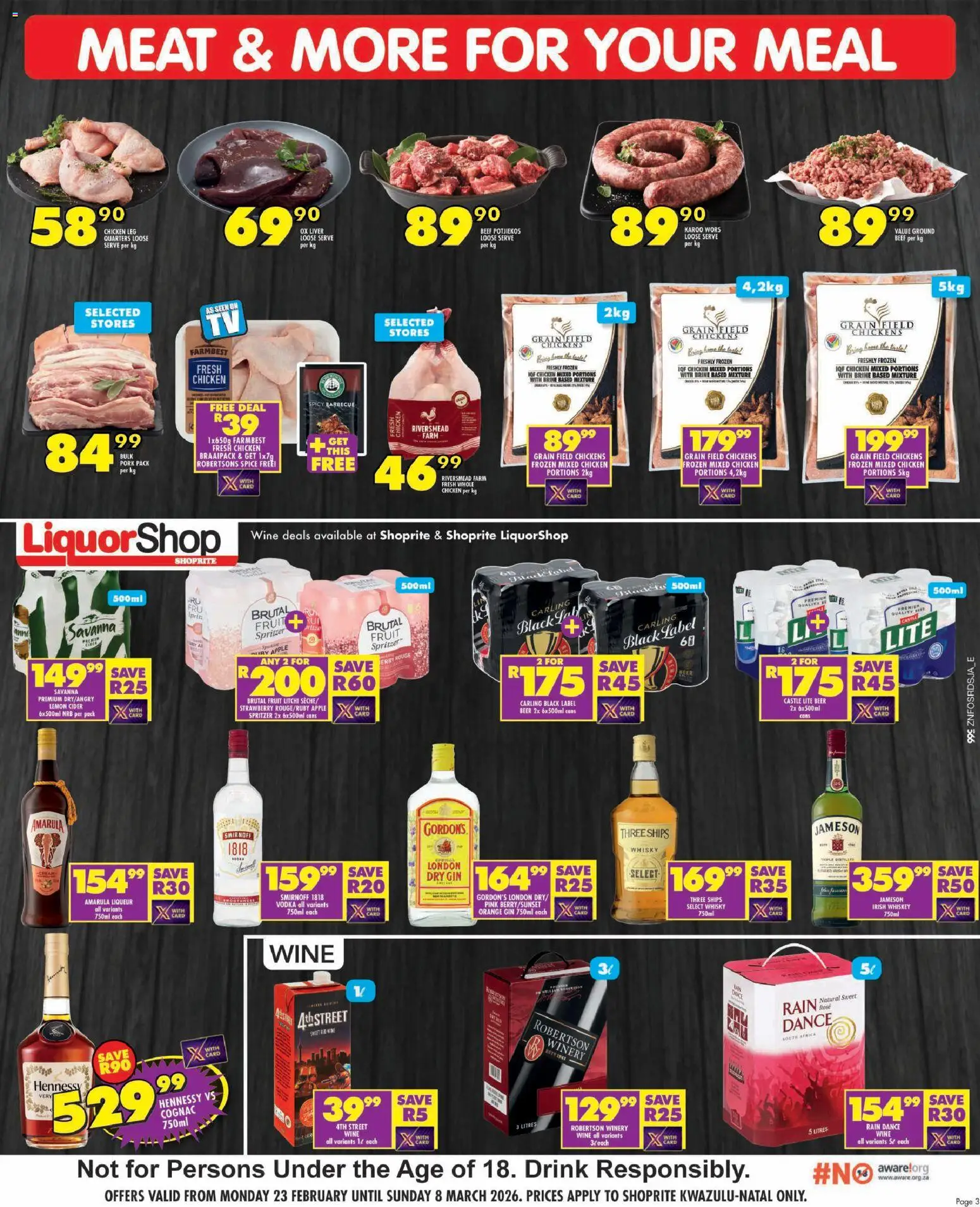 New Shoprite catalogue – valid from 23.02.2026 | Page: 3 | Products: Beer, Gin, Vodka, Fruit