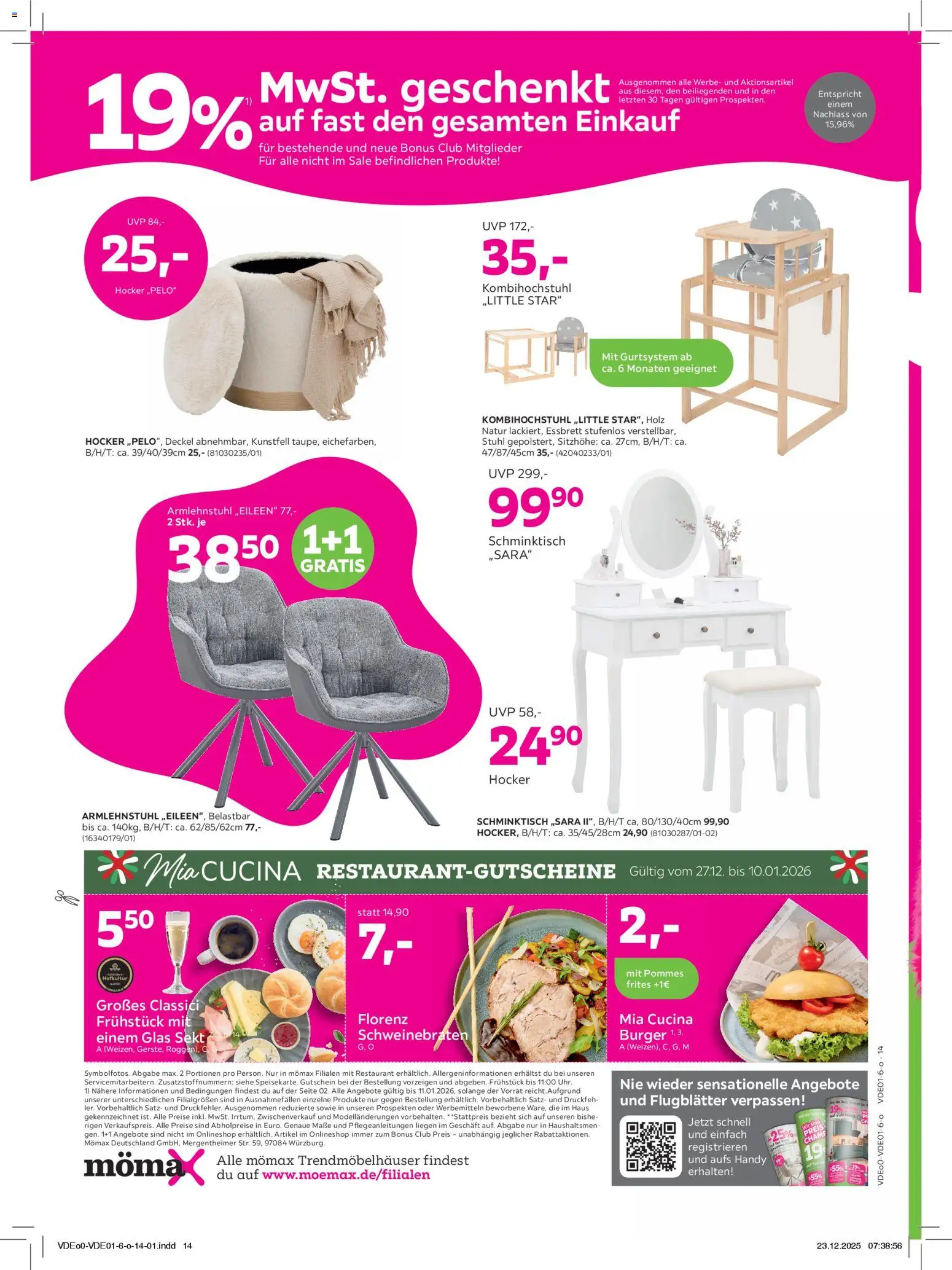 Mömax Prospekt 	 – gültig ab 27.12.2025 | Seite: 14 | Produkte: Sekt, Schminktisch, Pommes, Burger