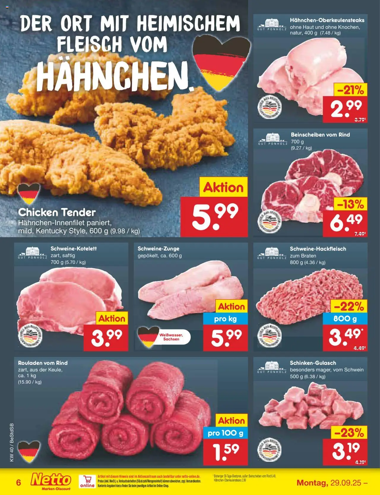 Netto Marken-Discount Prospekt 	 – gültig ab 29.09.2025 | Seite: 6 | Produkte: Hahnchen, Fleisch