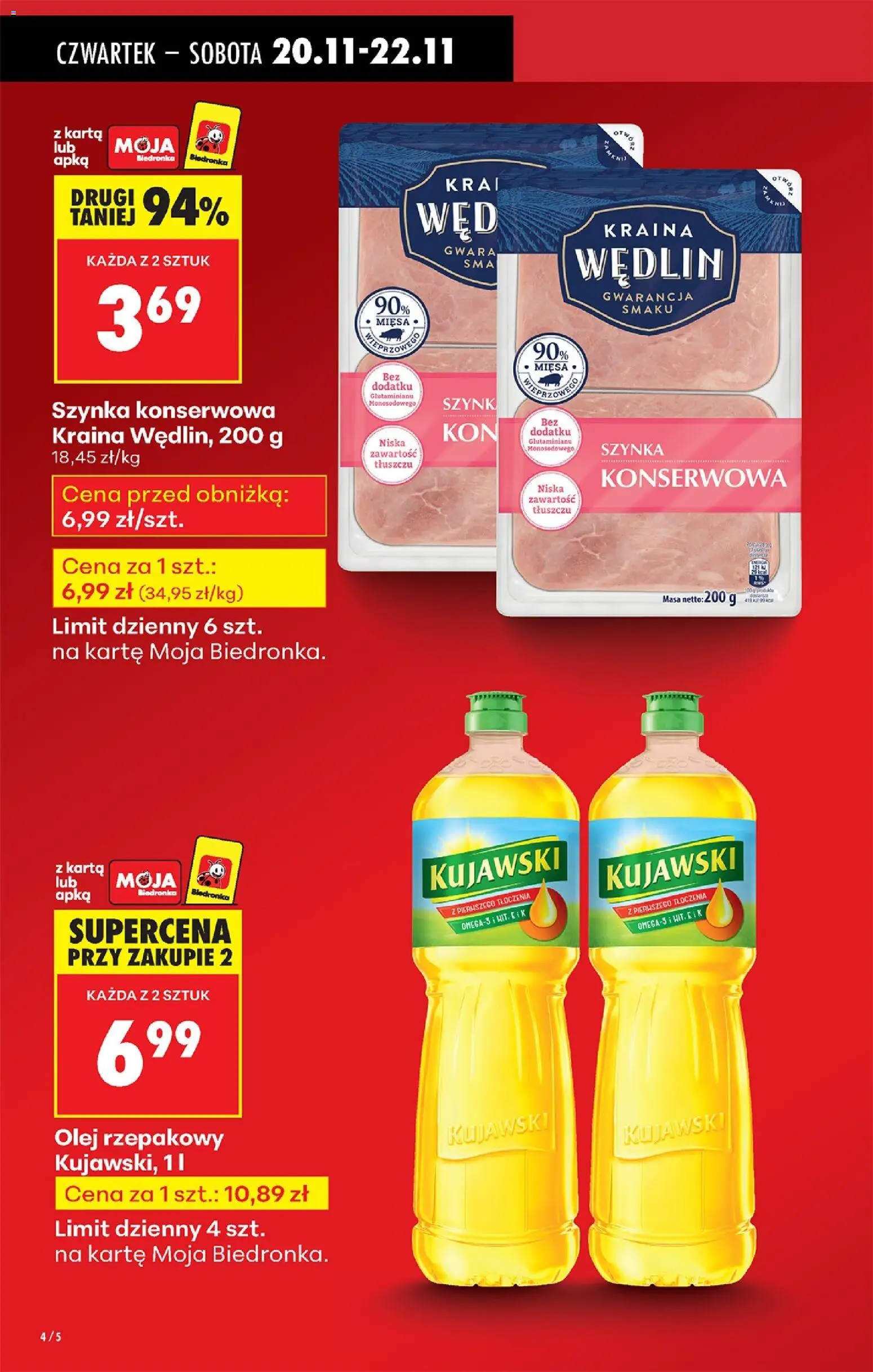 Biedronka gazetka - Oferta w tym tygodniu od 20.11.2025 | Strona: 4 | Produkty: Karta, Olej rzepakowy, Szynka, Olej