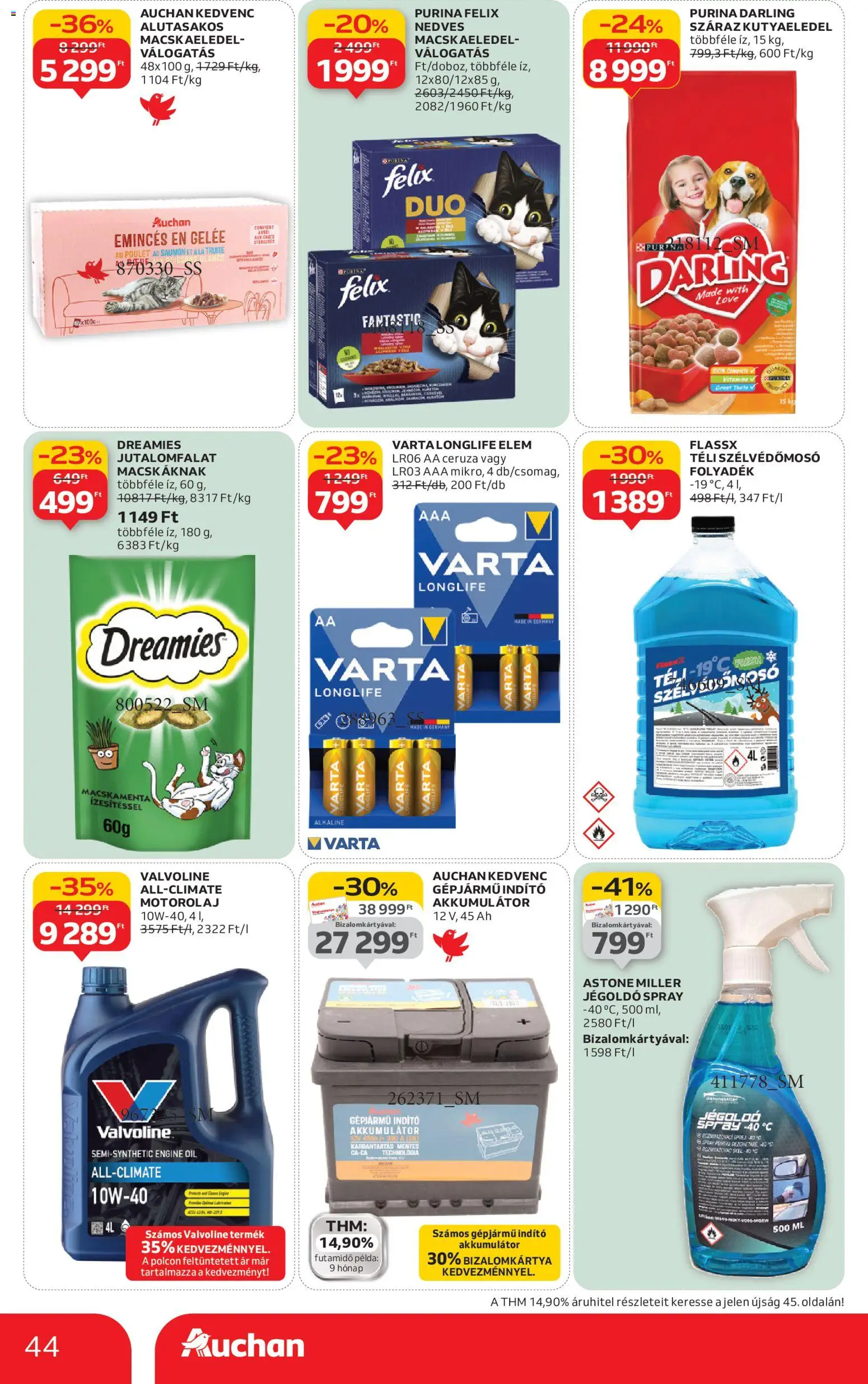 Auchan akciós ujság - amely érvényes a következő dátumtól: 08.01.2026 | Oldal: 44 | Termékek: Macskaeledel, Akkumulátor, Motorolaj