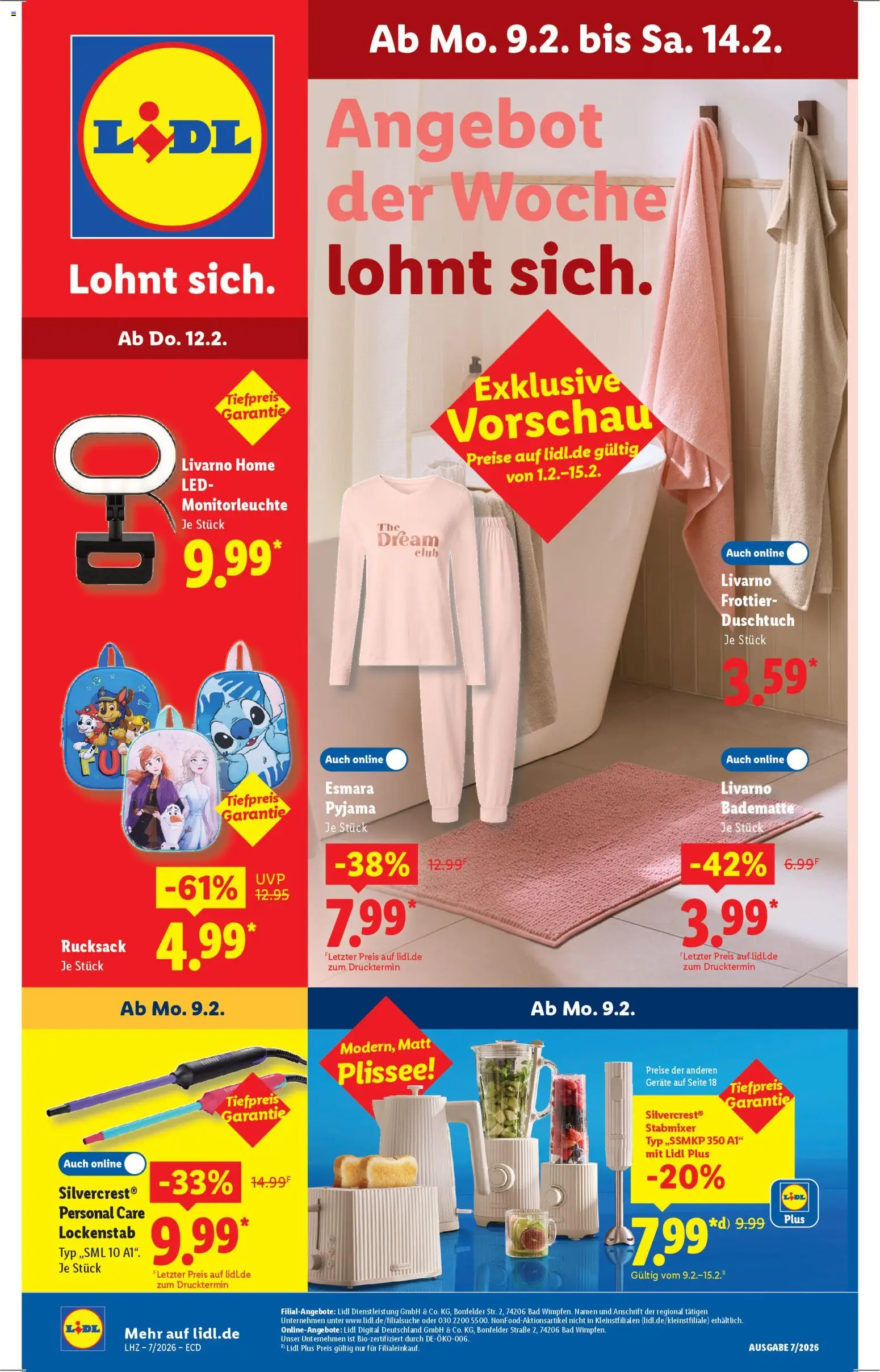 Lidl - Prospekt – gültig ab 09.02.2026 | Seite: 1 | Produkte: Lockenstab, Bad, Rucksack, Stabmixer