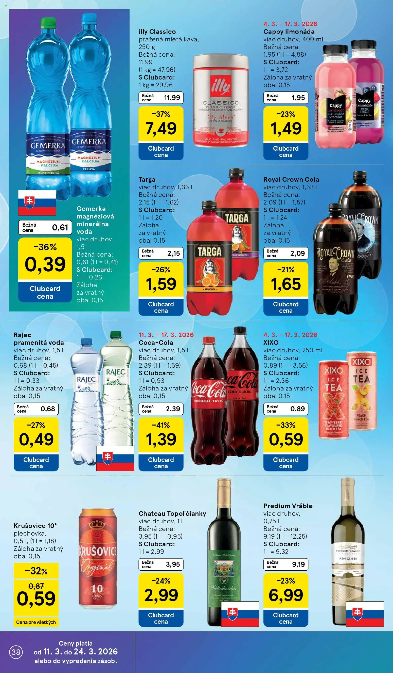 Nové Tesco akcie – leták je platný od 11.03.2026 | Strana: 38 | Produkty: Rajec, Minerálna voda, Cola, Gemerka