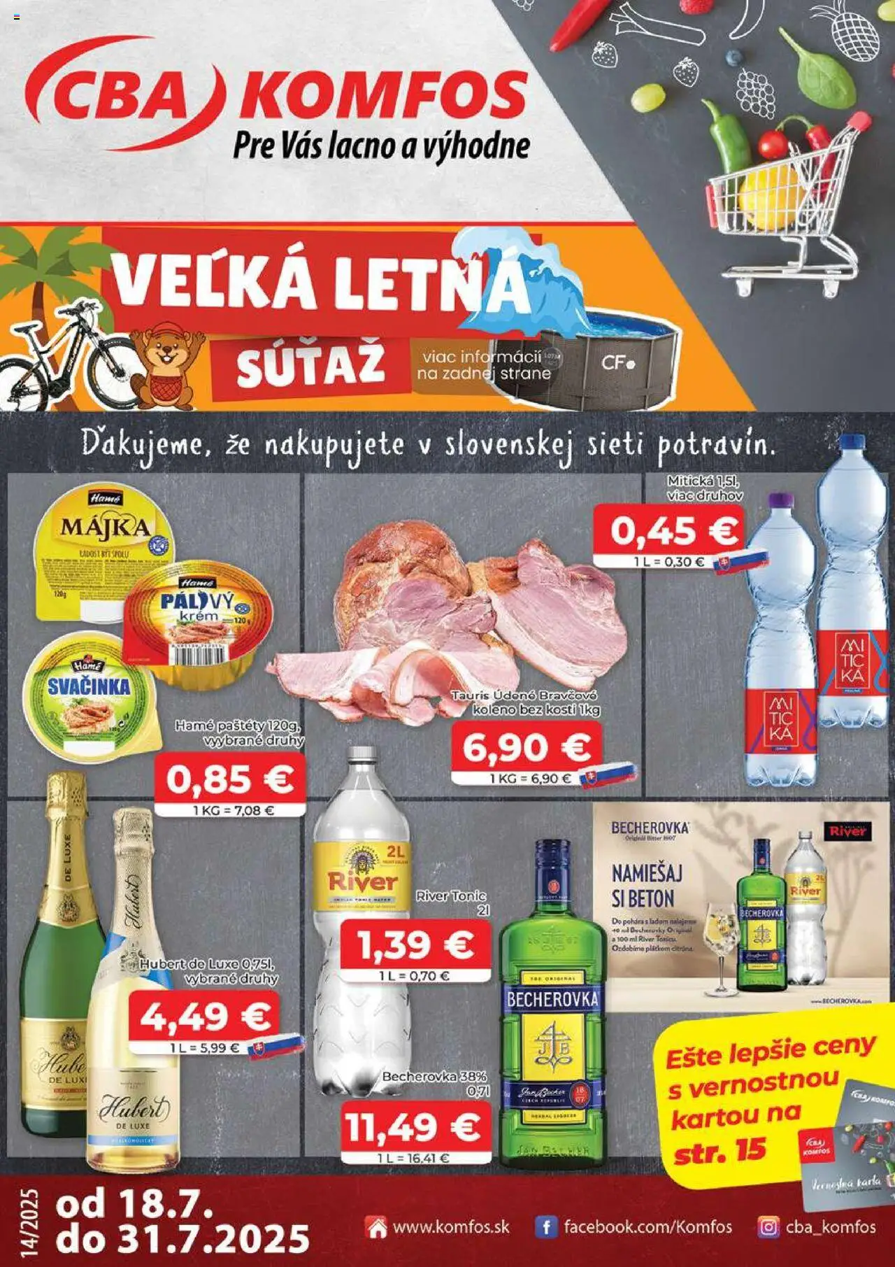 CBA Komfos leták │ platný od 18.07.2025 | Strana: 1 | Produkty: Becherovka, Krém, Mitická, Hubert de Luxe
