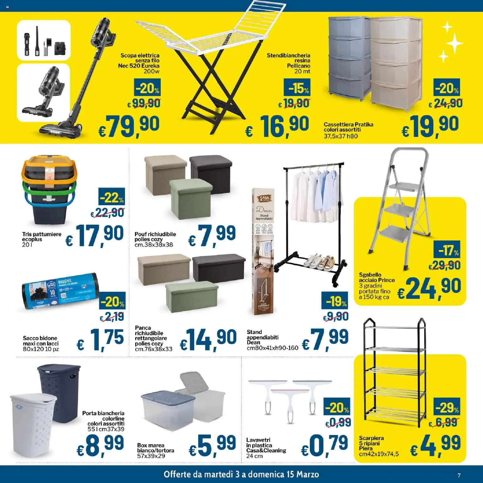 Volantino Qui Discount del 03.03.2026 | Pagina: 7 | Prodotti: Stendibiancheria, Scopa, Sgabello, Scarpiera