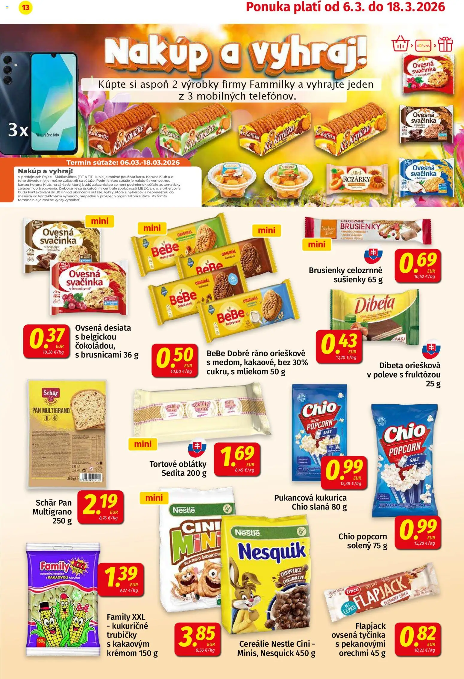 Nové Koruna akcie – leták je platný od 06.03.2026 | Strana: 13 | Produkty: BeBe Dobré ráno, Cereálie, Kukurica, Nesquik