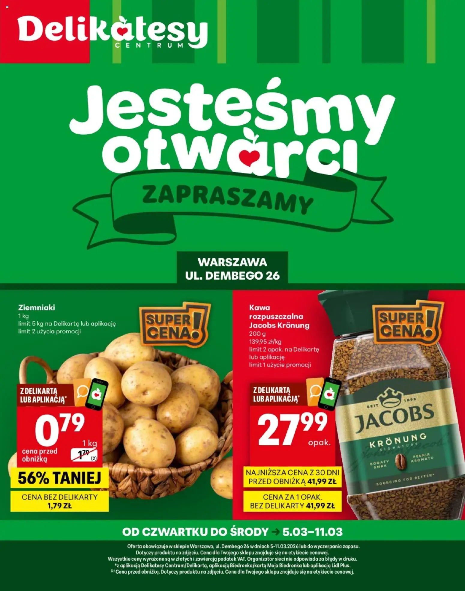 Delikatesy Centrum Gazetka Warszawa Otwarcie od 05.03.2026 | Strona: 1 | Produkty: Delikatesy, Kawa, Ziemniaki