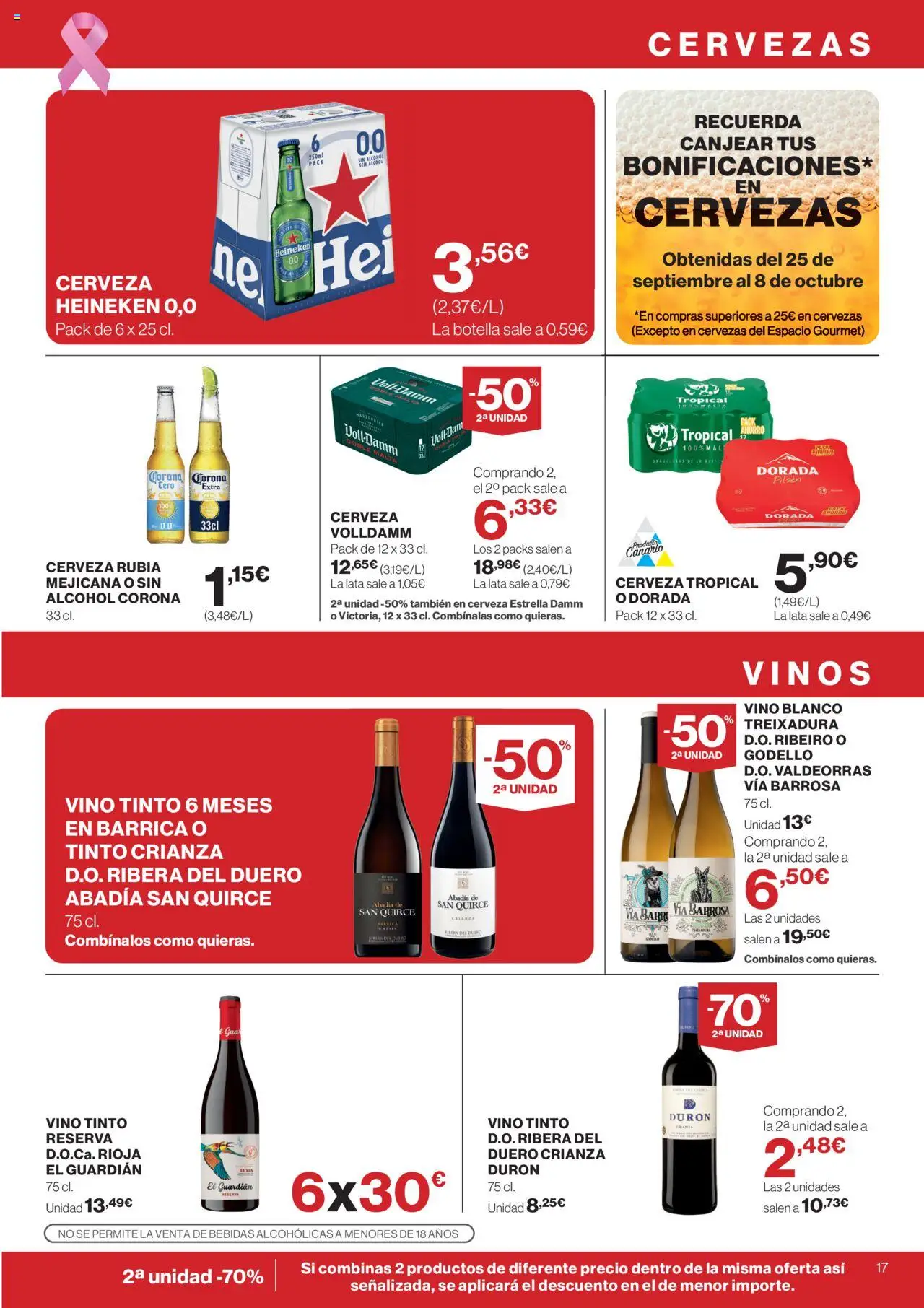 Supercor Canarias │ válido desde el 09.10.2025 | Página: 17 | Productos: Vino, Cerveza, Σπανάκι