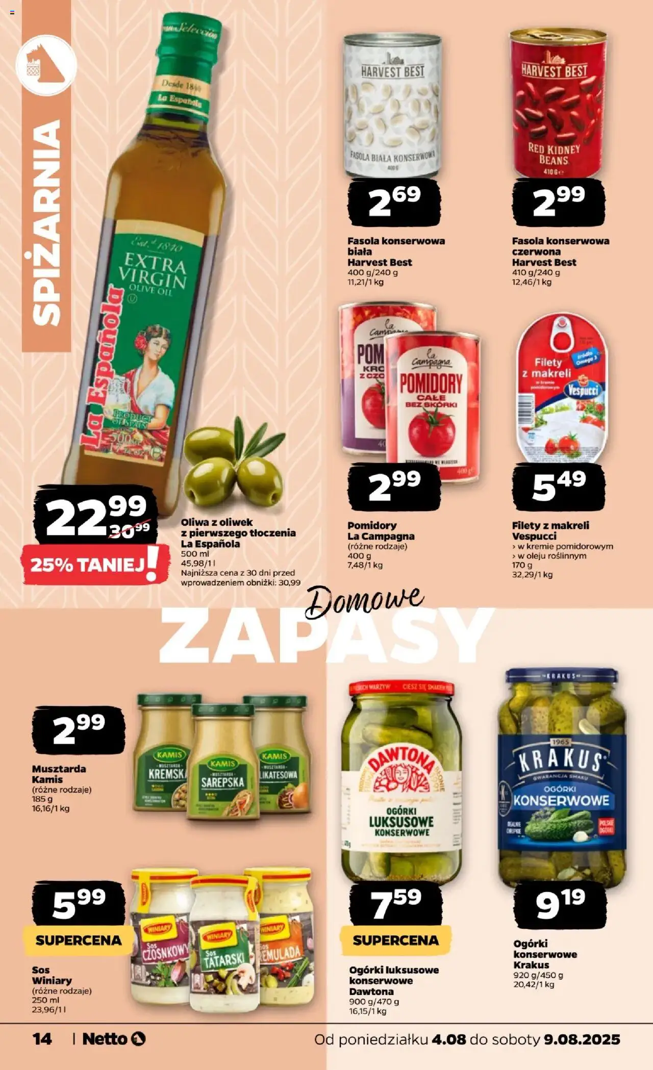 Netto gazetka - Spożywcza od 04.08.2025 | Strona: 14 | Produkty: Oliwa z oliwek, Fasola biała, Musztarda, Pomidory