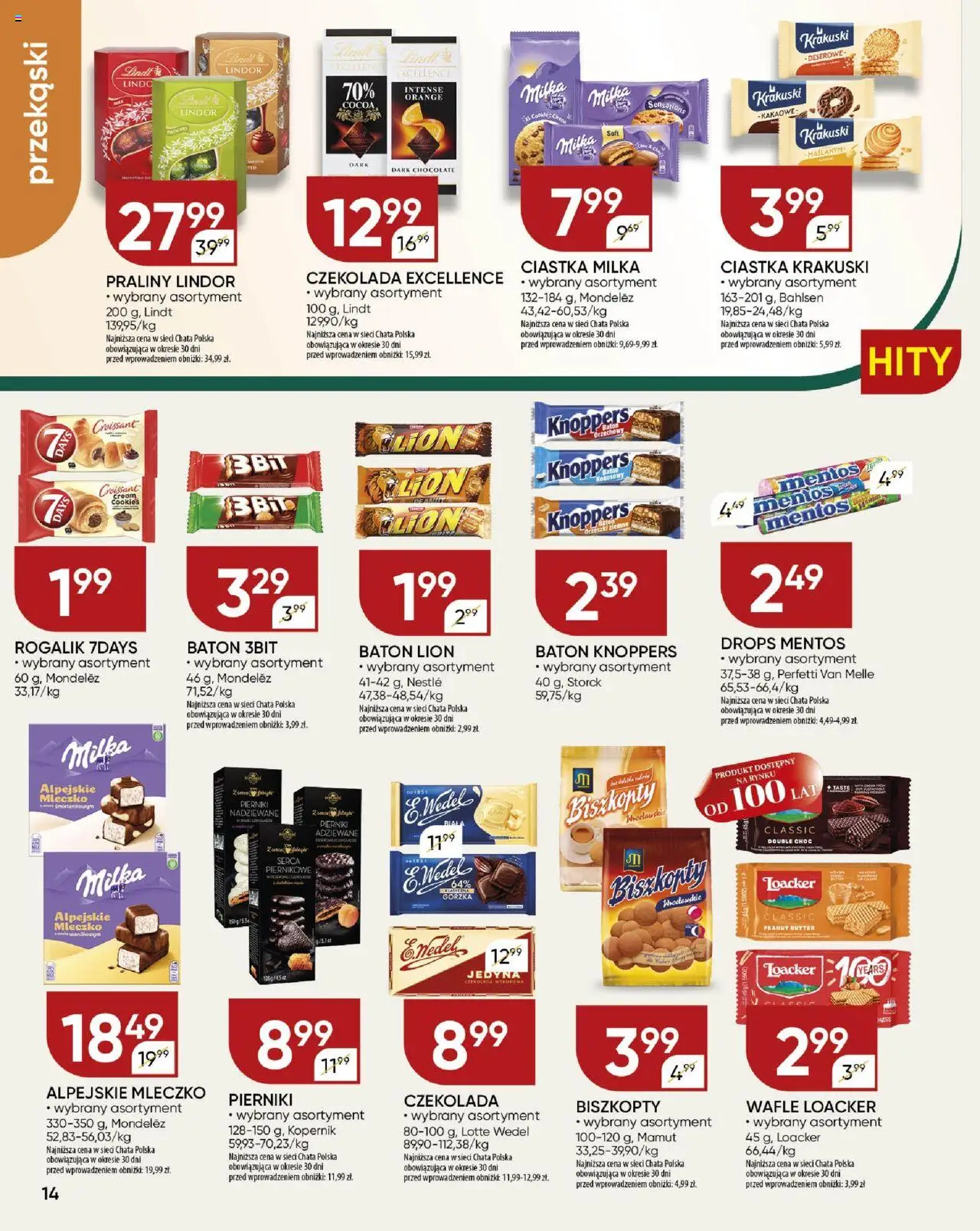 Chata Polska Gazetka od 11.09.2025 | Strona: 14 | Produkty: Knoppers, Wafle, Praliny, Baton