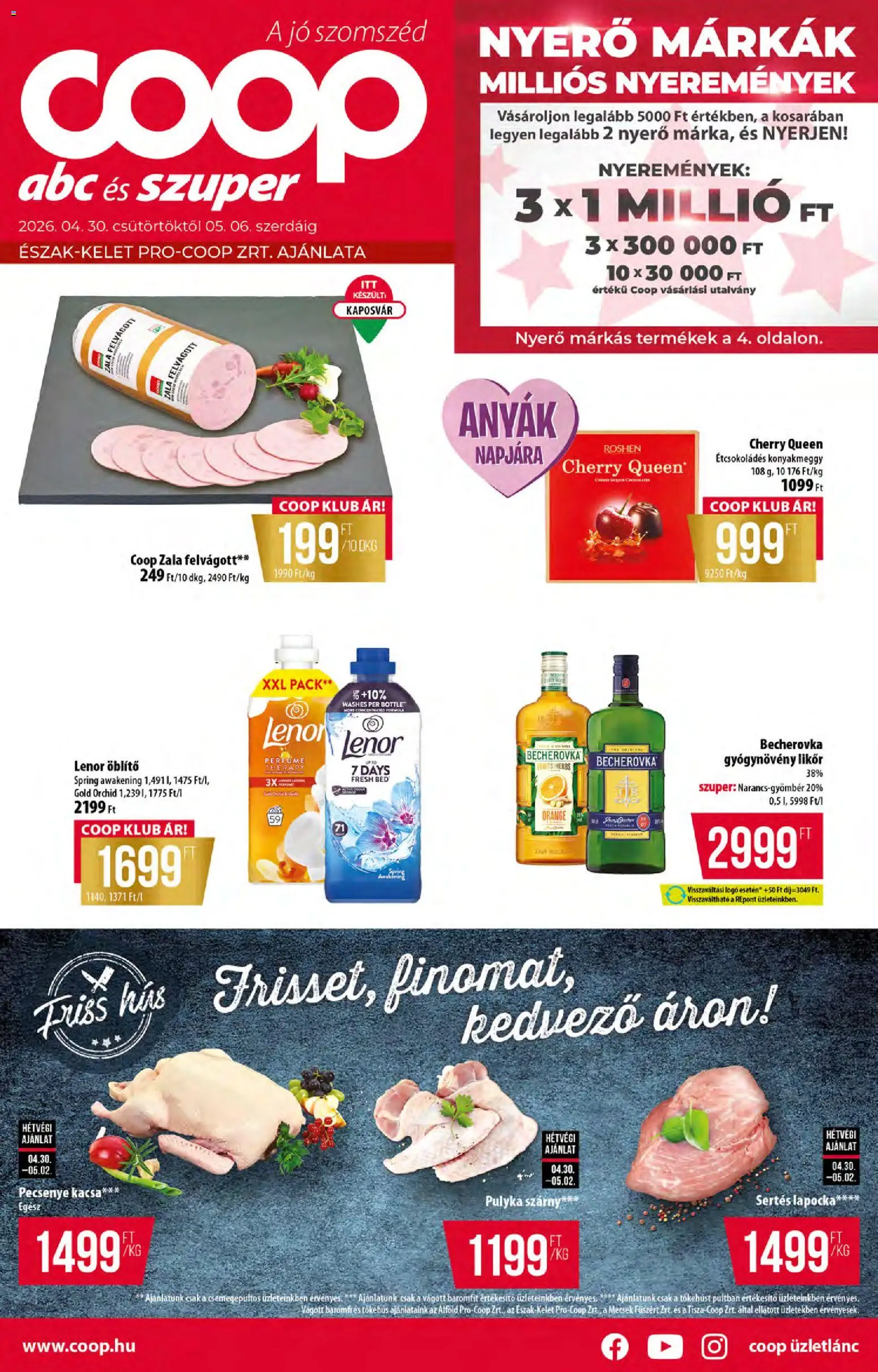 COOP akciós ujság - amely érvényes a következő dátumtól: 30.04.2026 | Oldal: 1 | Termékek: Öblítő, Becherovka, Felvágott, Likőr