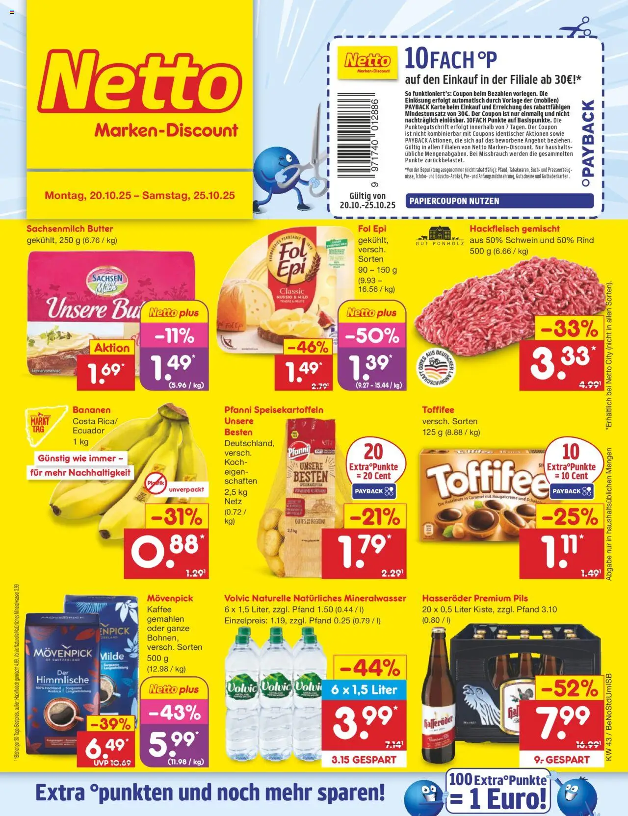 Netto Marken-Discount Prospekt 	 – gültig ab 20.10.2025 | Seite: 1 | Produkte: Kaffee, Bananen, Mineralwasser, Hackfleisch
