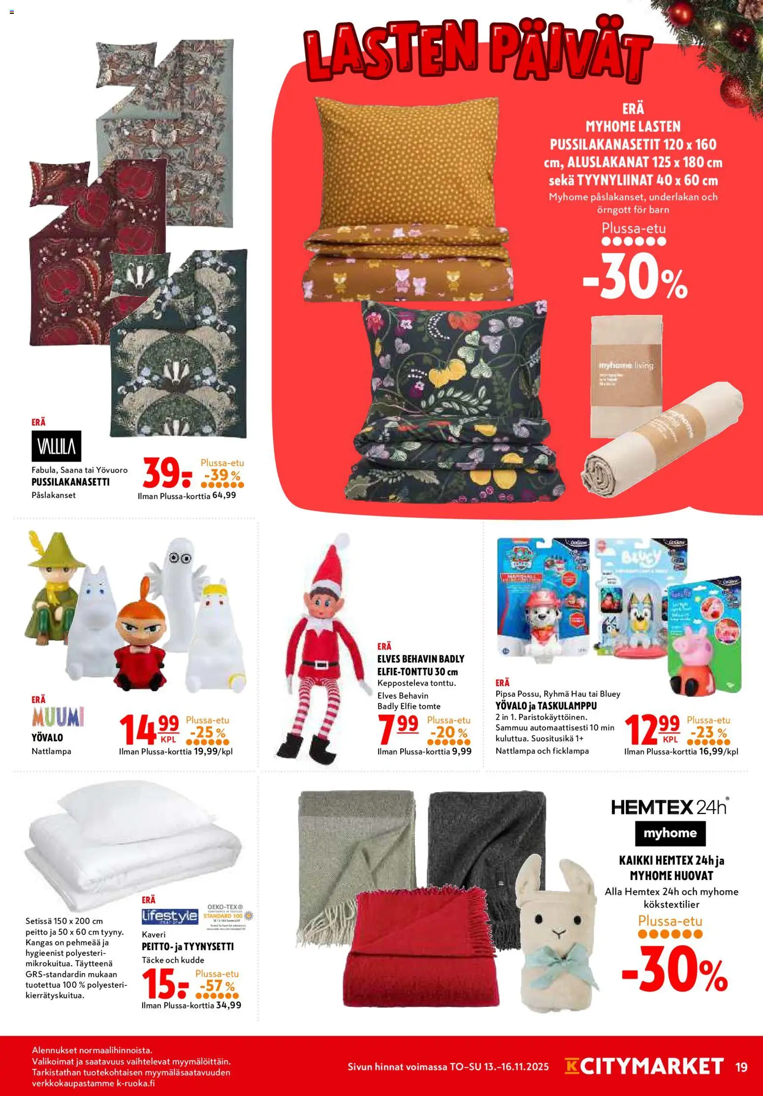 K-Citymarket tarjoukset – voimassa 13.11.2025 alkaen | Sivu: 19 | Tuotteet: Pussilakanasetti, Kangas, Peitto, Taskulamppu