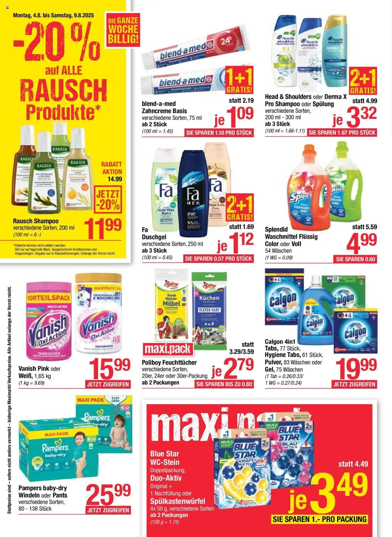 Maximarkt Flugblatt Anif, Bruck an der Großglocknerstraße gültig ab 04.08.2025 | Seite: 12 | Produkte: Pampers, Shampoo, Spülung, Waschmittel