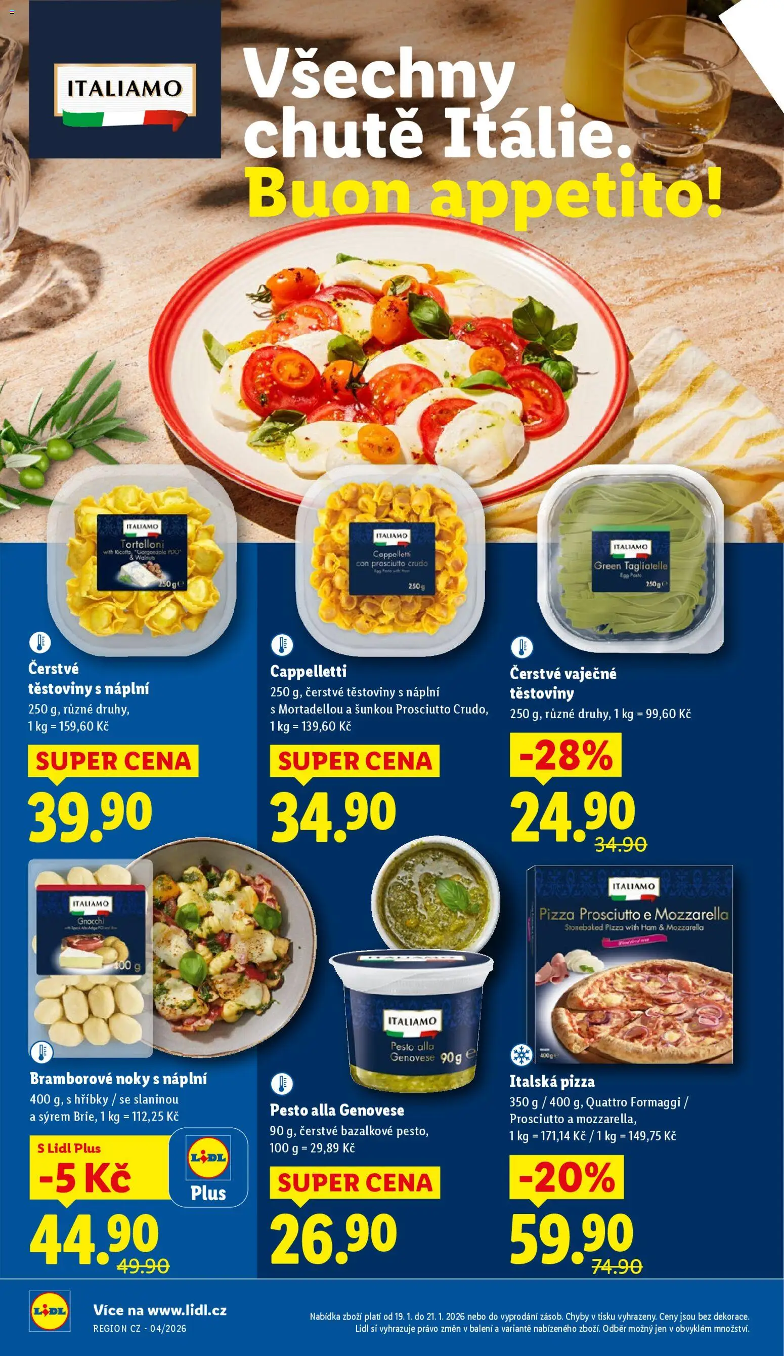 Lidl leták od 19.01.2026 | Strana: 14 | Produkty: Prosciutto, Těstoviny, Gorgonzola, Mozzarella