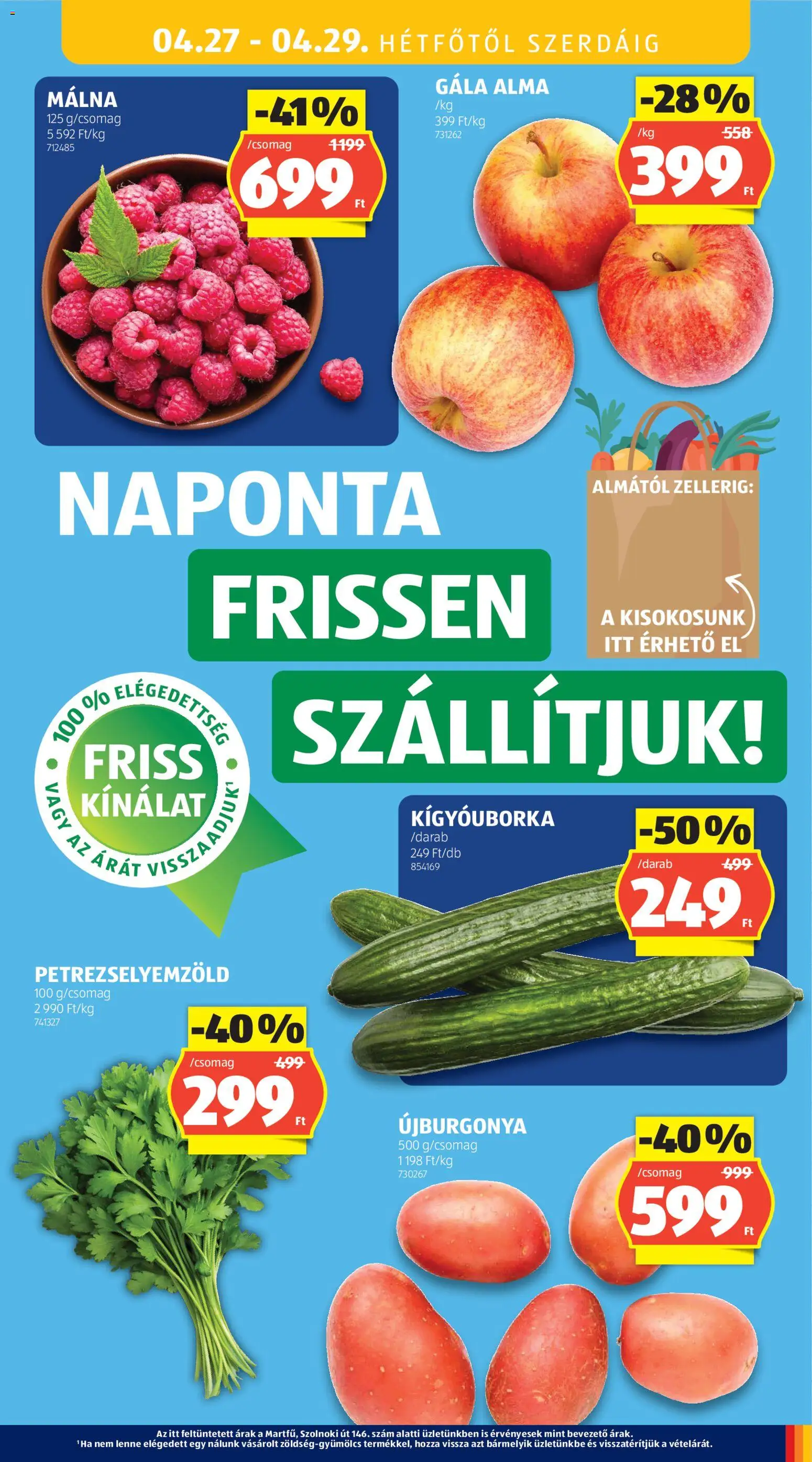 Aldi akciós ujság - amely érvényes a következő dátumtól: 23.04.2026 | Oldal: 33 | Termékek: Málna, Kígyóuborka, Petrezselyemzöld, Alma